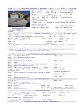GLVAR                    Single Family Residential          Ownership            SFR             05/26/12                8:20 PM
                                              ML#       1253774       Status   ER      Area 103       L/Price $88,900
                                              Offc      CENT02        PubID    002129          Listing Agent a Realtor? Y
                                              Bldr/Manf                  Model                          $/SQFT $65
                                              County    Clark County Parcel# 124-34-112-021
                                              Twnshp    19      Range 61       Section 34     City North Las Vegas
                                              Prop Desc
                                              Subdiv LAS PALMERAS PHASE 3                                Subdiv# 2988
                                              Community NONE           Short Sale N Foreclosure Commenced N Repo/REO N
                                              Asoc/Comm CCRS/PLAYGRD
                                              Zoning Single-Family                               YrBuilt 1997 / Resale
                                              Elem K-2 WATS Elem 3-5 WATS              Junior FIND HighSch MOJV
        Click here for map view
5405 /JOSE ERNESTO ST                                                                          Unit                Zip 89031
Virtual Tour
                                                      GENERAL INFORMATION                                   FB       3/4     HB Tot
Bldg Desc   1STORY                                                              #Bedrms 3         #Baths 2           0       0   2
Garage      2 /Attached /Auto Door Opener(s) /Entry to House                    Conv     N        Carport 0
Appx SqFt 1,368               Addit Liv Area                      #Acres +/-    0.100             #Den/Oth 0       #Loft       0
Roof        Tile Like /Pitched                                                                    Lot SqFt 4356
PvSpa       N                                                              Lot Descrip   Under 1/4 Acre
PvPool      N                                                              Pool Size +/-
D: N on I-15; Exit & L on Craig past Losee; R on Camino Al Norte; R on Washburn; L on Edna Crane; R on Carlitos; L on Jose Ernesto

R: Single story home, like new, fresh paint, new carpet, new dishwasher, includes washer/dryer and refrigerator, large kitchen
   pantry, large master BDRM with huge walk-in closet; double sinks and roman tub and shower in master bath, solar screens, must-
   see newly renovated garage. Low maintenance yards. Ready to move in today.



                                       APPROXIMATE ROOM SIZES AND DESCRIPTIONS
Living      22x15 /Entry Foyer /Rear                                                2ndBd     12x10
Dining      10X8 /Kitchen/Dining Room Combo
GreatRm     N
Kitchen     Laminate Countertops /Pantry                                            3rdBd     11x10
Family      /NONE
MBR         15X14 /Master Bedroom Downstairs /Mbr Walk-In Closet                    4thBd
MB Bath     Double Sink /Tub/Shower Combo
DryerUtil   Gas      Loc 1STFLR / CLOSET    Washer Inc   Y       Dryer Inc    Y     5thBd
Refrig    Y     Disposal Y    DishwasherY  Bed Down Y Bath Down Y, F                Oven Desc Stove (G)
Oth Appliances None
                                                                                    Construction Frame & Stucco
Interior    Blinds /Ceiling Fan(s) /Drywall /Window Coverings Throughout
                                                                                    Flooring Carpet /Tile
Fireplace   0
                                                                                    Equest None
Fence       Backyard Full Fenced /Block
                                                 UTILITIES INFORMATION
Hse Faces W                                                                         Miscel    None
Exterior    Private Yard /Porch /Deck
Landscape Drip Irrigation/Bubblers /Desert Landscaping
Heat Sys    Central                                        Heat Fuel    Gas                               Water Public
Cool Sys    Central                                        Cool Fuel    Electric    Ground Mounted        Sewer Public
Util Info   Underground Utilities                                               Energy Dual Pane Windows /Solar Screens
                                                 FINANCIAL INFORMATION
Assoc Fee     Y         Assoc Name Las Palmeras                 Assoc Ph 702-947-4868         MastrPlanFee   $0
Assoc Fee 1 $110 /Quarterly Ann Taxes        $866               Assessment N                  Assessmt Amt
Assoc Fee 2                    Earnest Deposit $2,000               SID/LID Total                 SID/LID Annual
Financing Considered Cash, Conventional, FHA

Presented by: Orange Realty Group LLC                               Agent: Jeffrey Mix
                               GLVAR DEEMS INFORMATION RELIABLE BUT NOT GUARANTEED
 