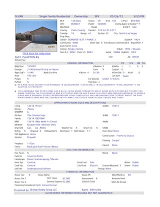 GLVAR                  Single Family Residential        Ownership           SFR           05/26/12               8:50 PM
                                           ML#       1244226       Status   ER      Area 103       L/Price $92,900
                                           Offc      REMX01        PubID    004500          Listing Agent a Realtor? Y
                                           Bldr/Manf                  Model                          $/SQFT $64
                                           County    Clark County Parcel# 124-32-312-011
                                           Twnshp    19      Range 61       Section 32     City North Las Vegas
                                           Prop Desc
                                           Subdiv SOMERSET EST 1 PHASE 3                              Subdiv# 4424
                                           Community NONE           Short Sale N Foreclosure Commenced N Repo/REO Y
                                           Asoc/Comm NONE
                                           Zoning Single-Family                               YrBuilt 1995 / Resale
                                           Elem K-2 WOLF Elem 3-5 WOLF              Junior SWAN HighSch CHEY
        Click here for map view
3601 /SLAPTON AV                                                                         Unit                Zip 89031
Virtual Tour
                                             GENERAL INFORMATION                                     FB   3/4       HB Tot
Bldg Desc  1STORY                                                   #Bedrms         3       #Baths 1      1         0  2
Garage     2 /Attached /Entry to House                              Conv            N       Carport 0
Appx SqFt 1,449          Addit Liv Area               #Acres +/-    0.130                   #Den/Oth 0  #Loft        0
Roof       Tile Like                                                                        Lot SqFt 5663
PvSpa      N                                                   Lot Descrip          Under 1/4 Acre
PvPool     N                                                   Pool Size +/-
D: 95 & ANN *EAST ON ANN *R ON SIMMONS *R ON WASHBURN *L ON FERRELL *R ON           CHEDWORTH *R ON LANGPORT *L ON
   SLAPTON TO PROPERTY

R: THIS ADORABLE ONE STORY HOME HAS A NICE LIVING ROOM, SEPARATE FAMILY ROOM WITH A FIREPLACE TO KEEP YOU
   WARM THROUGH THE COLD MONTHS AND A KITCHEN!! MASTER HAS A WALK IN CLOSET AND OWN BATHROOM WITH DOUBLE
   SINKS AND A SHOWER!! OTHER 2 BEDROOMS ARE LOVELY AND A FULL HALL BATHROOM!! DON'T FORGET ABOUT THE EASY
   MAINTENANCE YARD AND THE COVERED PATIO!! MAKE THAT OFFER TODAY & DON'T WASTE ANY TIME!!

                                       APPROXIMATE ROOM SIZES AND DESCRIPTIONS
Living      12X14 /Front                                                            2ndBd     10X12
Dining      /None
GreatRm     N
Kitchen     Tile Countertops                                                        3rdBd     10X11
Family      12X14 /SEPFAM
MBR         12X14 /Mbr Walk-In Closet                                               4thBd
MB Bath     Double Sink /Shower Only
DryerUtil   Gas      Loc AREA               Washer Inc   N       Dryer Inc    N     5thBd
Refrig    N     Disposal N    DishwasherN  Bed Down Y Bath Down Y, F                Oven Desc None
Oth Appliances None
                                                                                    Construction Frame & Stucco
Interior    Drywall
                                                                                    Flooring Carpet
Fireplace   1 /Gas
                                                                                    Equest None
Fence       Backyard Full Fenced /Block
                                                 UTILITIES INFORMATION
Hse Faces N                                                                         Miscel    None
Exterior    Covered Patio
Landscape Desert Landscaping /Shrubs
Heat Sys    Central                                        Heat Fuel    Gas                               Water Public
Cool Sys    Central                                        Cool Fuel    Electric    Ground Mounted Y      Sewer Public
Util Info   Underground Utilities                                               Energy None
                                                 FINANCIAL INFORMATION
Assoc Fee     N         Assoc Name                              Assoc Ph                      MastrPlanFee   $0
Assoc Fee 1                      Ann Taxes   $1,082             Assessment N                  Assessmt Amt
Assoc Fee 2                   Earnest Deposit $2,000            SID/LID Total               SID/LID Annual
Financing Considered Cash, Conventional

Presented by: Orange Realty Group LLC                          Agent: Jeffrey Mix
                             GLVAR DEEMS INFORMATION RELIABLE BUT NOT GUARANTEED
 
