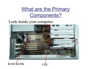 What are the Primary
Components?
Look inside your computer

RAM BANK

CPU

 