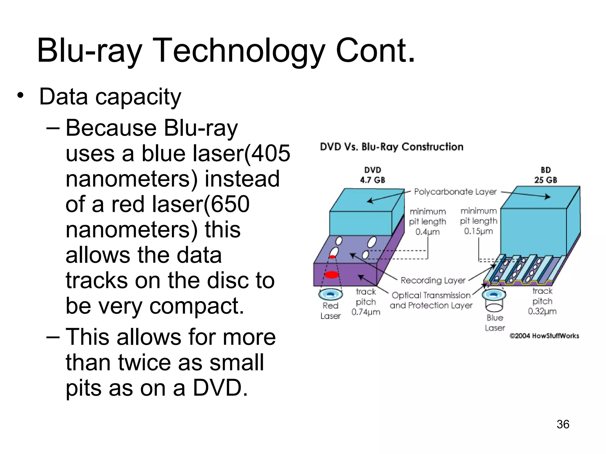 Blu-ray Technology Cont.
• Data capacity
– Because Blu-ray
uses a blue laser(405
nanometers) instead
of a red laser(650
nanometers) this
allows the data
tracks on the disc to
be very compact.
– This allows for more
than twice as small
pits as on a DVD.
36

 