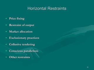 Horizontal Restraints Price fixing Restraint of output Market allocation Exclusionary practices Collusive tendering Conscious parallelism Other restraints 