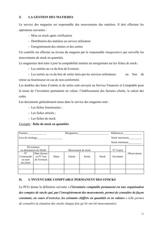 11
B. LA GESTION DES MATIERES
Le service des magasins est responsable des mouvements des matières. Il doit effectuer les
opérations suivantes :
- Mise en stock après vérification
- Distribution des matières au service utilisateur
- Enregistrement des entrées et des sorties
Un contrôle est effectué au niveau du magasin par le responsable (magasinier) qui surveille les
mouvements de stock en quantités.
Le magasinier doit tenir à jour la comptabilité matière en enregistrant sur les fiches de stock :
- Les entrées au vu du bon de livraison
- Les sorties au vu du bon de sortie émis par les services utilisateurs ou bon de
retour au fournisseur en cas de non-conformité.
Les doubles des bons d’entrée et de sortie sont envoyés au Service Financier et Comptable pour
la tenue de l’inventaire permanent en valeur, l’établissement des factures clients, le calcul des
coûts.
Les documents généralement tenus dans le service des magasins sont :
- Les fiches fournisseurs ;
- Les fiches articles ;
- Les fiches de stock.
Exemple : fiche de stock en quantités
Numéro______________ Désignation_______________________ Références______________
Lieu de stockage___________________ Stock maximum__________
Stock minimum__________
Provenance
ou destination du libellé Mouvement de stock N° Casier
N°
Commande
ou nom
du client
Date facture
ou N° bon
de livraison
Dates Entrée Sortie Stock Inventaire
Observations
II. L’INVENTAIRE COMPTABLE PERMANENT DES STOCKS
Le PCG donne la définition suivante « l’inventaire comptable permanent est une organisation
des comptes de stocks qui, par l’enregistrement des mouvements, permet de connaître de façon
constante, en cours d’exercice, les existants chiffrés en quantités et en valeurs » (elle permet
de connaître la situation des stocks chaque fois qu’ils ont été mouvementés).
 