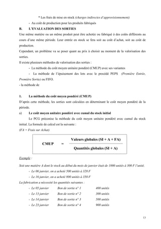 13
* Les frais de mise en stock (charges indirectes d’approvisionnement)
- Au coût de production pour les produits fabriqués
B. L’EVALUATION DES SORTIES
Une même matière ou un même produit peut être achetée ou fabriqué à des coûts différents au
cours d’une même période. Leur entrée en stock se fera soit au coût d’achat, soit au coût de
production.
Cependant, un problème va se poser quant au prix à choisir au moment de la valorisation des
sorties.
Il existe plusieurs méthodes de valorisation des sorties :
- La méthode du coût moyen unitaire pondéré (CMUP) avec ses variantes
- La méthode de l’épuisement des lots avec le procédé PEPS (Première Entrée,
Première Sortie) ou FIFO.
- la méthode de
1. La méthode du coût moyen pondéré (CMUP)
D’après cette méthode, les sorties sont calculées en déterminant le coût moyen pondéré de la
période.
a) Le coût moyen unitaire pondéré avec cumul du stock initial
Le PCG préconise la méthode du coût moyen unitaire pondéré avec cumul du stock
initial. La formule de calcul est la suivante :
(FA = Frais sur Achat)
Exemple :
Soit une matière A dont le stock au début du mois de janvier était de 1000 unités à 300 F l’unité.
- Le 06 janvier, on a acheté 500 unités à 320 F
- Le 16 janvier, on a acheté 800 unités à 350 F
La fabrication a nécessité les quantités suivantes :
- Le 05 janvier Bon de sortie n° 1 400 unités
- Le 13 janvier Bon de sortie n° 2 300 unités
- Le 14 janvier Bon de sortie n° 3 500 unités
- Le 23 janvier Bon de sortie n° 4 900 unités
Valeurs globales (SI + A + FA)
CMUP =
Quantités globales (SI + A)
 