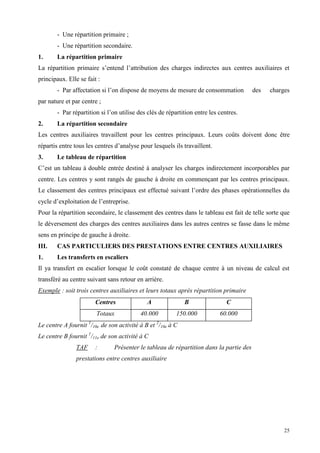 25
- Une répartition primaire ;
- Une répartition secondaire.
1. La répartition primaire
La répartition primaire s’entend l’attribution des charges indirectes aux centres auxiliaires et
principaux. Elle se fait :
- Par affectation si l’on dispose de moyens de mesure de consommation des charges
par nature et par centre ;
- Par répartition si l’on utilise des clés de répartition entre les centres.
2. La répartition secondaire
Les centres auxiliaires travaillent pour les centres principaux. Leurs coûts doivent donc être
répartis entre tous les centres d’analyse pour lesquels ils travaillent.
3. Le tableau de répartition
C’est un tableau à double entrée destiné à analyser les charges indirectement incorporables par
centre. Les centres y sont rangés de gauche à droite en commençant par les centres principaux.
Le classement des centres principaux est effectué suivant l’ordre des phases opérationnelles du
cycle d’exploitation de l’entreprise.
Pour la répartition secondaire, le classement des centres dans le tableau est fait de telle sorte que
le déversement des charges des centres auxiliaires dans les autres centres se fasse dans le même
sens en principe de gauche à droite.
III. CAS PARTICULIERS DES PRESTATIONS ENTRE CENTRES AUXILIAIRES
1. Les transferts en escaliers
Il ya transfert en escalier lorsque le coût constaté de chaque centre à un niveau de calcul est
transféré au centre suivant sans retour en arrière.
Exemple : soit trois centres auxiliaires et leurs totaux après répartition primaire
Centres A B C
Totaux 40.000 150.000 60.000
Le centre A fournit 1
/10e de son activité à B et 2
/10e à C
Le centre B fournit 1
/11e de son activité à C
TAF : Présenter le tableau de répartition dans la partie des
prestations entre centres auxiliaire
 