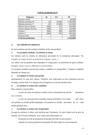 34
Coût de production de P
Eléments Q CU M
Encours initial 60.000
Matière première M 50 30.000 1.500.000
Matière première V 08 52.000 416.000
Main-d’œuvre directe 2000 475 950.000
Autres charges directes 1000 150 150.000
Atelier 1 3000 200 600.000
Atelier 2 2000 250 500.000
Encours final -66.000
Coût de production 4.110.000
B. LES PRODUITS DERIVES
Ils sont constitués par des produits résiduels et des sous-produits.
1. Les produits résiduels : les déchets et rebuts
Les déchets sont les résidus de fabrication provenant de la production principale. Par
exemple, les chutes de bois en menuiserie (copeaux, sciure...)
Les rebuts sont les produits finis impropres à l’usage prévu ou présentant de graves défauts.
Exemple : pièces cassées, détériorées ou mal formées.
Les produits résiduels peuvent être perdus, vendables ou récupérables. L’analyse comptable
dépendra de chaque cas.
a) Les déchets et rebuts sont perdus
Généralement, ils sont sans valeurs. Toutefois, leur enlèvement ou leur traitement peuvent
entraîner certains frais. Ces charges sont incorporées au coût des produits finis.
b) Les déchets et rebuts sont vendables
Deux analyses sont possibles :
- Le prix de vente des déchets et rebuts vient en diminution du coût de production
(cas courant) ;
- Le prix de vente peut être considéré comme un bénéfice. Les ventes sont alors,
soit ajoutées au résultat global analytique, soit ajoutées au résultat provenant de la vente
desdits produits finis.
c) Les déchets et rebuts sont récupérables
Lorsque les déchets et rebuts sont réutilisés par l’entreprise, ils sont évalués soit au prix du
marché, soit à un prix forfaitaire. Leur valeur ainsi déterminée est :
- Soustraite du coût de production du produit fini dont ils proviennent ;
- Ajoutée au coût de production du produit fini dans lequel ils sont incorporés.
 
