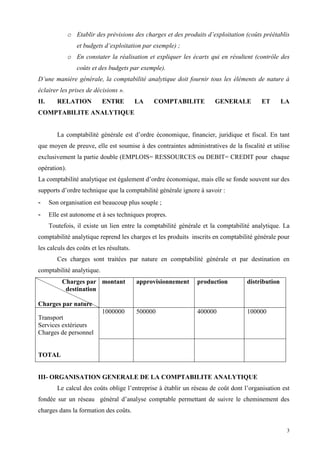 3
o Etablir des prévisions des charges et des produits d’exploitation (coûts préétablis
et budgets d’exploitation par exemple) ;
o En constater la réalisation et expliquer les écarts qui en résultent (contrôle des
coûts et des budgets par exemple).
D’une manière générale, la comptabilité analytique doit fournir tous les éléments de nature à
éclairer les prises de décisions ».
II. RELATION ENTRE LA COMPTABILITE GENERALE ET LA
COMPTABILITE ANALYTIQUE
La comptabilité générale est d’ordre économique, financier, juridique et fiscal. En tant
que moyen de preuve, elle est soumise à des contraintes administratives de la fiscalité et utilise
exclusivement la partie double (EMPLOIS= RESSOURCES ou DEBIT= CREDIT pour chaque
opération).
La comptabilité analytique est également d’ordre économique, mais elle se fonde souvent sur des
supports d’ordre technique que la comptabilité générale ignore à savoir :
- Son organisation est beaucoup plus souple ;
- Elle est autonome et à ses techniques propres.
Toutefois, il existe un lien entre la comptabilité générale et la comptabilité analytique. La
comptabilité analytique reprend les charges et les produits inscrits en comptabilité générale pour
les calculs des coûts et les résultats.
Ces charges sont traitées par nature en comptabilité générale et par destination en
comptabilité analytique.
Charges par
destination
Charges par nature
montant approvisionnement production distribution
Transport
Services extérieurs
Charges de personnel
TOTAL
1000000 500000 400000 100000
III- ORGANISATION GENERALE DE LA COMPTABILITE ANALYTIQUE
Le calcul des coûts oblige l’entreprise à établir un réseau de coût dont l’organisation est
fondée sur un réseau général d’analyse comptable permettant de suivre le cheminement des
charges dans la formation des coûts.
 