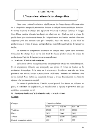 46
Nous avons vu dans les chapitres précédents que les charges incorporables aux coûts
de la comptabilité analytique peuvent être divisées en charges directes et charges indirectes.
Ce même ensemble de charges peut également être divisé en charges variables et charges
fixes. D’une manière générale, les charges se subdivisent en : Quel que soit le niveau de
production et pour une structure donnée, les charges fixes ne peuvent être réduites : elles sont
supportées pour leur montant total par l’entreprise. Pour cette raison, le coût total de
production ou de revient de chaque unité produite est modifié lorsque l’activité de l’entreprise
évolue.
La méthode de l’imputation rationnelle des charges fixes a pour objet d’éliminer
l’incidence des charges fixes sur le coût total de chaque produit lorsque le niveau de
production ou l’activité de l’entreprise varie anormalement.
A. Les niveaux d’activité de l’entreprise
Le niveau d’activité ou de production d’une entreprise n’est que très rarement régulier.
Il est généralement tributaire des commandes des clients, il évolue en fonction de la
conjoncture économique, de la mode, de la concurrence, des niveaux des prix, etc. Nous
parlons de sous activité, lorsque la production ou l’activité de l’entreprise est inférieure à son
niveau normal. Nous parlons de suractivité, lorsque le niveau de production ou d’activité
dépasse celui normalement constaté.
Le niveau de production ou d’activité normal pourrait être obtenu par référence au
passé, en se fondant sur les prévisions, ou en considérant la capacité de production dans des
conditions normales du travail.
B. L’incidence du niveau d’activité sur les coûts et prix de revient
Exemple
Charges Production réalisée
Avril : 50 Mai : 60 Juin : 40
Variables
Fixes
Totales
17000 20400 13600
7800 7800 7800
24800 28200 21400
Coût de production unitaire 496 470 535
CHAPITRE VIII
L’imputation rationnelle des charges fixes
 