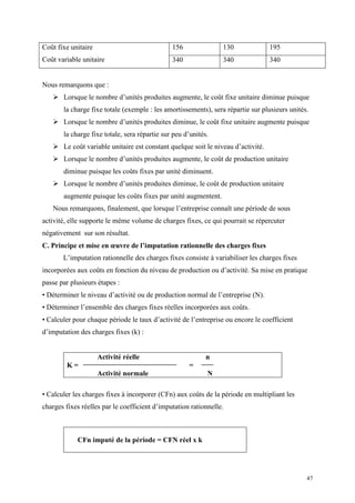 47
Coût fixe unitaire
Coût variable unitaire
156 130 195
340 340 340
Nous remarquons que :
 Lorsque le nombre d’unités produites augmente, le coût fixe unitaire diminue puisque
la charge fixe totale (exemple : les amortissements), sera répartie sur plusieurs unités.
 Lorsque le nombre d’unités produites diminue, le coût fixe unitaire augmente puisque
la charge fixe totale, sera répartie sur peu d’unités.
 Le coût variable unitaire est constant quelque soit le niveau d’activité.
 Lorsque le nombre d’unités produites augmente, le coût de production unitaire
diminue puisque les coûts fixes par unité diminuent.
 Lorsque le nombre d’unités produites diminue, le coût de production unitaire
augmente puisque les coûts fixes par unité augmentent.
Nous remarquons, finalement, que lorsque l’entreprise connaît une période de sous
activité, elle supporte le même volume de charges fixes, ce qui pourrait se répercuter
négativement sur son résultat.
C. Principe et mise en œuvre de l’imputation rationnelle des charges fixes
L’imputation rationnelle des charges fixes consiste à variabiliser les charges fixes
incorporées aux coûts en fonction du niveau de production ou d’activité. Sa mise en pratique
passe par plusieurs étapes :
• Déterminer le niveau d’activité ou de production normal de l’entreprise (N).
• Déterminer l’ensemble des charges fixes réelles incorporées aux coûts.
• Calculer pour chaque période le taux d’activité de l’entreprise ou encore le coefficient
d’imputation des charges fixes (k) :
Activité réelle n
K = =
Activité normale N
• Calculer les charges fixes à incorporer (CFn) aux coûts de la période en multipliant les
charges fixes réelles par le coefficient d’imputation rationnelle.
CFn imputé de la période = CFN réel x k
 