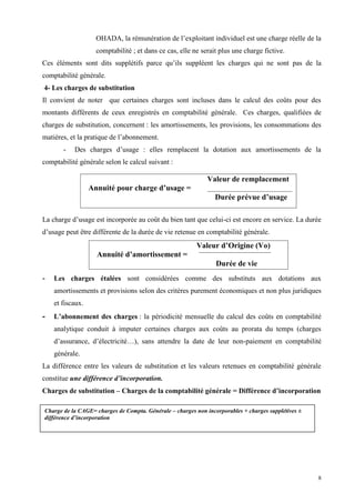 8
OHADA, la rémunération de l’exploitant individuel est une charge réelle de la
comptabilité ; et dans ce cas, elle ne serait plus une charge fictive.
Ces éléments sont dits supplétifs parce qu’ils suppléent les charges qui ne sont pas de la
comptabilité générale.
4- Les charges de substitution
Il convient de noter que certaines charges sont incluses dans le calcul des coûts pour des
montants différents de ceux enregistrés en comptabilité générale. Ces charges, qualifiées de
charges de substitution, concernent : les amortissements, les provisions, les consommations des
matières, et la pratique de l’abonnement.
- Des charges d’usage : elles remplacent la dotation aux amortissements de la
comptabilité générale selon le calcul suivant :
La charge d’usage est incorporée au coût du bien tant que celui-ci est encore en service. La durée
d’usage peut être différente de la durée de vie retenue en comptabilité générale.
- Les charges étalées sont considérées comme des substituts aux dotations aux
amortissements et provisions selon des critères purement économiques et non plus juridiques
et fiscaux.
- L’abonnement des charges : la périodicité mensuelle du calcul des coûts en comptabilité
analytique conduit à imputer certaines charges aux coûts au prorata du temps (charges
d’assurance, d’électricité…), sans attendre la date de leur non-paiement en comptabilité
générale.
La différence entre les valeurs de substitution et les valeurs retenues en comptabilité générale
constitue une différence d’incorporation.
Charges de substitution – Charges de la comptabilité générale = Différence d’incorporation
Valeur de remplacement
Annuité pour charge d’usage =
Durée prévue d’usage
Valeur d’Origine (Vo)
Annuité d’amortissement =
Durée de vie
Charge de la CAGE= charges de Compta. Générale – charges non incorporables + charges supplétives ±
différence d’incorporation
 