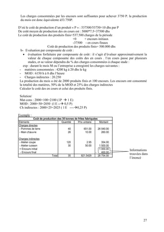 Les charges consommées par les encours sont suffisantes 
du mois est donc équivalente à53.750P. 
D 
De coût moyen de production des en cours est : 5000*7.5=37500 dhs 
Le coût de production des produits finis=537.500 charges de la période 
+0 + encours initiaux 
-37500 - en cours finaux 
Ce production des produits finis= 500.000 
vanomposante de coût : 
• 
évaluation forfaitaire par composan 
v 
aleur de chaque composante des coûts des en cours . l’en cours passe par plusieurs stades, et sa valeur dépendra du % des charges consommées à chaque stade : exp : durant le mois M ou l’entreprise a enregistré les charges suivantes : 
matières consommées : 4200 kg à 20 dhs le kg 
- 
MOD : 6150 h à 8 dhs l‘heure 
- 
Charges indirectes : 20.250 
L 
a production du mois a été de 
la totalité des matières, 50% de la MOD et 25% des charges indirectes Calculer le coût des en cours et celui des produits finis. 
S 
Mat cons : 
MOD : 2000+50=2050 (1 E --Æ 0,5 P) 
Ch indirectes : 2000+25=2025 ( 1 E ---- 
trouvées dans l’énoncé 
27 
 