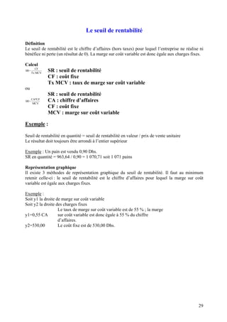 Le seuil de rentabilité 
Définition 
Le seuil de rentabilité est le chiffre d’affaires (hors taxes) pour lequel l’entreprise ne réalise ni bénéfice ni perte (un résultat de 0). La marge sur coût variable est donc égale aux charges fixes. 
Calcul CFSR= Tx MCV 
SR : seuil de rentabilité 
CF : coût fixe 
Tx MCV : taux de marge sur coût variable 
ou CA*CFSR= 
SR : seuil de rentabilité 
CA : chiffre d’affaires 
CF : coût fixe 
MCV : marge sur coût variable 
Exemple : 
Seuil de rentabilité en quantité = seuil de rentabilité en valeur / prix de vente unitaire 
Le résultat doit toujours être arrondi à l’entier supérieur 
Exemple : Un pain est vendu 0,90 Dhs. 
SR en quantité = 963,64 / 0,90 = 1 070,71 soit 1 071 pains 
Représentation graphique 
Il existe 3 méthodes de représentation graphique du seuil de rentabilité. Il faut au minimum retenir celle-ci : le seuil de rentabilité est le chiffre d’affaires pour lequel la marge sur coût variable est égale aux charges fixes. 
Exemple : 
Soit y1 la droite de marge sur coût variable 
Soit y2 la droite des charges fixes 
y1=0,55 CA 
Le taux de marge sur coût variable est de 55 % ; la marge sur coût variable est donc égale à 55 % du chiffre d’affaires. 
y2=530,00 
Le coût fixe est de 530,00 Dhs. 
29 
 