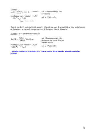 Exemple : 
soit 11 mois complets (fin novembre) 
Nombre de jours restants = (11,56- 11,00) * 31 = 17,36 
soit le 18 décembre 
31 jours en décembre 
Dans le cas de 11 mois de travail annuel, si la date du seuil de rentabilité se situe après le mois de fermeture, ne pas tenir compte du mois de fermeture dans le décompte. 
Exemple : avec une fermeture en août 963,64date SR = *1110,601 000,00= 
soit 10 mois complets (fin novembre, car on ne tient pas compte d’août) 
Nombre de jours restants = (10,60- 10,00) * 31 = 18,60 
soit le 19 décembre 
La notion de seuil de rentabilité sera traitée plus en détail dans la méthode des coûts partiels. 
31 
 