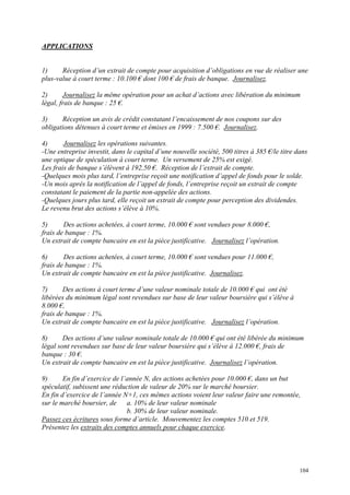 APPLICATIONS
1) Réception d’un extrait de compte pour acquisition d’obligations en vue de réaliser une
plus-value à court terme : 10.100 € dont 100 € de frais de banque. Journalisez.
2) Journalisez la même opération pour un achat d’actions avec libération du minimum
légal, frais de banque : 25 €.
3) Réception un avis de crédit constatant l’encaissement de nos coupons sur des
obligations détenues à court terme et émises en 1999 : 7.500 €. Journalisez.
4) Journalisez les opérations suivantes.
-Une entreprise investit, dans le capital d’une nouvelle société, 500 titres à 385 €/le titre dans
une optique de spéculation à court terme. Un versement de 25% est exigé.
Les frais de banque s’élèvent à 192,50 €. Réception de l’extrait de compte.
-Quelques mois plus tard, l’entreprise reçoit une notification d’appel de fonds pour le solde.
-Un mois après la notification de l’appel de fonds, l’entreprise reçoit un extrait de compte
constatant le paiement de la partie non-appelée des actions.
-Quelques jours plus tard, elle reçoit un extrait de compte pour perception des dividendes.
Le revenu brut des actions s’élève à 10%.
5) Des actions achetées, à court terme, 10.000 € sont vendues pour 8.000 €,
frais de banque : 1%.
Un extrait de compte bancaire en est la pièce justificative. Journalisez l’opération.
6) Des actions achetées, à court terme, 10.000 € sont vendues pour 11.000 €,
frais de banque : 1%.
Un extrait de compte bancaire en est la pièce justificative. Journalisez.
7) Des actions à court terme d’une valeur nominale totale de 10.000 € qui ont été
libérées du minimum légal sont revendues sur base de leur valeur boursière qui s’élève à
8.000 €,
frais de banque : 1%.
Un extrait de compte bancaire en est la pièce justificative. Journalisez l’opération.
8) Des actions d’une valeur nominale totale de 10.000 € qui ont été libérée du minimum
légal sont revendues sur base de leur valeur boursière qui s’élève à 12.000 €, frais de
banque : 30 €.
Un extrait de compte bancaire en est la pièce justificative. Journalisez l’opération.
9) En fin d’exercice de l’année N, des actions achetées pour 10.000 €, dans un but
spéculatif, subissent une réduction de valeur de 20% sur le marché boursier.
En fin d’exercice de l’année N+1, ces mêmes actions voient leur valeur faire une remontée,
sur le marché boursier, de a. 10% de leur valeur nominale
b. 30% de leur valeur nominale.
Passez ces écritures sous forme d’article. Mouvementez les comptes 510 et 519.
Présentez les extraits des comptes annuels pour chaque exercice.
104
 