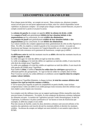 LES COMPTES / LE GRAND LIVRE
Pour chaque poste du bilan, un compte est ouvert. Dans certains cas, plusieurs comptes
seront ouverts pour un seul poste apparaissant au bilan; ainsi les valeurs disponibles seront
«splittées» en plusieurs comptes : un compte pour chaque compte courant bancaire, un pour le
compte courant de La poste et un pour la caisse.
La colonne de gauche du compte est appelée débit; la colonne de droite, crédit.
Les comptes d’actif sont généralement débités de leur situation initiale et des
augmentations qui les concernent; ils sont crédités des diminutions.
Les comptes de passif sont généralement crédités de leur situation initiale et des
augmentations qui les concernent; ils sont débités des diminutions.
Les valeurs initiales des comptes apparaissent donc généralement du côté où elles figurent au
bilan. En effet, les emplois y restent à gauche et les ressources à droite : si je paie un
fournisseur par banque, ma ressource est l’argent disponible sur ce compte que je crédite et
l’emploi de cette ressource est le paiement du fournisseur, compte que je débite.
La différence entre le total des montants inscrits au débit et le total des montants inscrits au
crédit s’appelle le solde.
Le solde sera nul si le total des débits est égal au total des crédits.
Le solde sera débiteur si le total des débits est supérieur au total des crédits, il sera inscrit du
côté droit du compte pour l’équilibrer.
Le solde sera créditeur si le total des crédits est supérieur au total des débits, il sera inscrit du
côté gauche du compte pour l’équilibrer.
Pour établir le bilan, il suffira d’inscrire les soldes dans les rubriques appropriées en
effectuant parfois des groupements. Il s’agit en fait de solder les comptes dans le bilan.
Pour l’exercice suivant, les soldes débiteurs et créditeurs seront reportés dans les comptes
comme valeurs initiales.
Pour conserver l’équilibre bilantaire, à chaque écriture, le total des sommes débitées doit
toujours être égal au total des sommes créditées.
C’est la raison pour laquelle on parle de comptabilité en partie double, toute écriture
comprend deux volets (un débit et un crédit) puisque toute ressource doit être utilisée et que
tout emploi a pour origine une ressource.
Les comptes sont des tableaux tenus sur un support quelconque (fiches manuelles mais plus
souvent écrans d’ordinateurs). En réalité, ils sont composés de plusieurs colonnes indiquant
les éléments suivants : le numéro de l’opération (suivant l’ordre chronologique), la date de
l’opération, la référence à la pièce justificative (n° de facture et nom du fournisseur par
exemple), le débit du compte et son crédit.
Pour des raisons de facilité, seules les deux dernières colonnes sont souvent utilisées et les
numéros des opérations sont inscrits devant les montants débités et derrière les montants
crédités. Au-dessus du compte est indiqué son nom (intitulé) et son numéro repris dans le
PCMN.
12
 