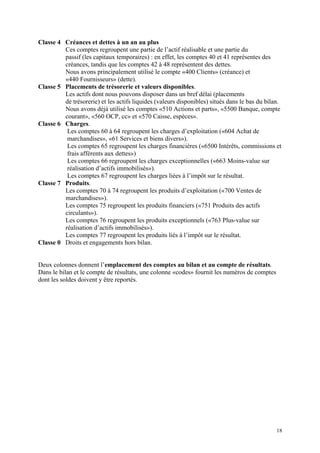 Classe 4 Créances et dettes à un an au plus
Ces comptes regroupent une partie de l’actif réalisable et une partie du
passif (les capitaux temporaires) : en effet, les comptes 40 et 41 représentes des
créances, tandis que les comptes 42 à 48 représentent des dettes.
Nous avons principalement utilisé le compte «400 Clients» (créance) et
«440 Fournisseurs» (dette).
Classe 5 Placements de trésorerie et valeurs disponibles.
Les actifs dont nous pouvons disposer dans un bref délai (placements
de trésorerie) et les actifs liquides (valeurs disponibles) situés dans le bas du bilan.
Nous avons déjà utilisé les comptes «510 Actions et parts», «5500 Banque, compte
courant», «560 OCP, cc» et «570 Caisse, espèces».
Classe 6 Charges.
Les comptes 60 à 64 regroupent les charges d’exploitation («604 Achat de
marchandises», «61 Services et biens divers»).
Les comptes 65 regroupent les charges financières («6500 Intérêts, commissions et
frais afférents aux dettes»)
Les comptes 66 regroupent les charges exceptionnelles («663 Moins-value sur
réalisation d’actifs immobilisés»).
Les comptes 67 regroupent les charges liées à l’impôt sur le résultat.
Classe 7 Produits.
Les comptes 70 à 74 regroupent les produits d’exploitation («700 Ventes de
marchandises»).
Les comptes 75 regroupent les produits financiers («751 Produits des actifs
circulants»).
Les comptes 76 regroupent les produits exceptionnels («763 Plus-value sur
réalisation d’actifs immobilisés»).
Les comptes 77 regroupent les produits liés à l’impôt sur le résultat.
Classe 0 Droits et engagements hors bilan.
Deux colonnes donnent l’emplacement des comptes au bilan et au compte de résultats.
Dans le bilan et le compte de résultats, une colonne «codes» fournit les numéros de comptes
dont les soldes doivent y être reportés.
18
 