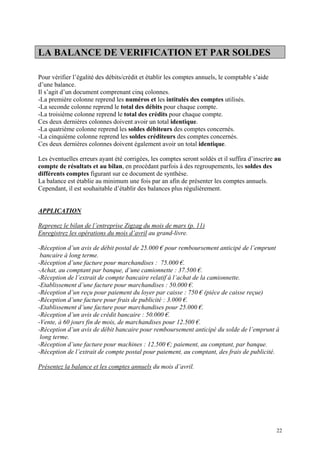 LA BALANCE DE VERIFICATION ET PAR SOLDES
Pour vérifier l’égalité des débits/crédit et établir les comptes annuels, le comptable s’aide
d’une balance.
Il s’agit d’un document comprenant cinq colonnes.
-La première colonne reprend les numéros et les intitulés des comptes utilisés.
-La seconde colonne reprend le total des débits pour chaque compte.
-La troisième colonne reprend le total des crédits pour chaque compte.
Ces deux dernières colonnes doivent avoir un total identique.
-La quatrième colonne reprend les soldes débiteurs des comptes concernés.
-La cinquième colonne reprend les soldes créditeurs des comptes concernés.
Ces deux dernières colonnes doivent également avoir un total identique.
Les éventuelles erreurs ayant été corrigées, les comptes seront soldés et il suffira d’inscrire au
compte de résultats et au bilan, en procédant parfois à des regroupements, les soldes des
différents comptes figurant sur ce document de synthèse.
La balance est établie au minimum une fois par an afin de présenter les comptes annuels.
Cependant, il est souhaitable d’établir des balances plus régulièrement.
APPLICATION
Reprenez le bilan de l’entreprise Zigzag du mois de mars (p. 11)
Enregistrez les opérations du mois d’avril au grand-livre.
-Réception d’un avis de débit postal de 25.000 € pour remboursement anticipé de l’emprunt
bancaire à long terme.
-Réception d’une facture pour marchandises : 75.000 €.
-Achat, au comptant par banque, d’une camionnette : 37.500 €.
-Réception de l’extrait de compte bancaire relatif à l’achat de la camionnette.
-Etablissement d’une facture pour marchandises : 50.000 €.
-Réception d’un reçu pour paiement du loyer par caisse : 750 € (pièce de caisse reçue)
-Réception d’une facture pour frais de publicité : 3.000 €.
-Etablissement d’une facture pour marchandises pour 25.000 €.
-Réception d’un avis de crédit bancaire : 50.000 €.
-Vente, à 60 jours fin de mois, de marchandises pour 12.500 €.
-Réception d’un avis de débit bancaire pour remboursement anticipé du solde de l’emprunt à
long terme.
-Réception d’une facture pour machines : 12.500 €; paiement, au comptant, par banque.
-Réception de l’extrait de compte postal pour paiement, au comptant, des frais de publicité.
Présentez la balance et les comptes annuels du mois d’avril.
22
 
