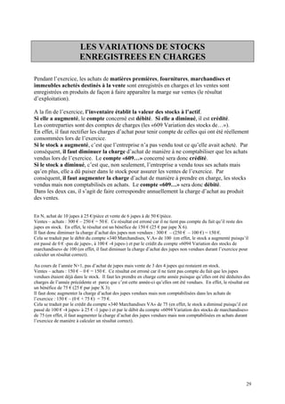 LES VARIATIONS DE STOCKS
ENREGISTREES EN CHARGES
Pendant l’exercice, les achats de matières premières, fournitures, marchandises et
immeubles achetés destinés à la vente sont enregistrés en charges et les ventes sont
enregistrées en produits de façon à faire apparaître la marge sur ventes (le résultat
d’exploitation).
A la fin de l’exercice, l’inventaire établit la valeur des stocks à l’actif.
Si elle a augmenté, le compte concerné est débité. Si elle a diminué, il est crédité.
Les contreparties sont des comptes de charges (les «609 Variation des stocks de…»).
En effet, il faut rectifier les charges d’achat pour tenir compte de celles qui ont été réellement
consommées lors de l’exercice.
Si le stock a augmenté, c’est que l’entreprise n’a pas vendu tout ce qu’elle avait acheté. Par
conséquent, il faut diminuer la charge d’achat de manière à ne comptabiliser que les achats
vendus lors de l’exercice. Le compte «609…» concerné sera donc crédité.
Si le stock a diminué, c’est que, non seulement, l’entreprise a vendu tous ses achats mais
qu’en plus, elle a dû puiser dans le stock pour assurer les ventes de l’exercice. Par
conséquent, il faut augmenter la charge d’achat de manière à prendre en charge, les stocks
vendus mais non comptabilisés en achats. Le compte «609…» sera donc débité.
Dans les deux cas, il s’agit de faire correspondre annuellement la charge d’achat au produit
des ventes.
En N, achat de 10 jupes à 25 €/pièce et vente de 6 jupes à de 50 €/pièce.
Ventes – achats : 300 € – 250 € = 50 €. Ce résultat est erroné car il ne tient pas compte du fait qu’il reste des
jupes en stock. En effet, le résultat est un bénéfice de 150 € (25 € par jupe X 6).
Il faut donc diminuer la charge d’achat des jupes non vendues : 300 € – (250 € – 100 €) = 150 €.
Cela se traduit par le débit du compte «340 Marchandises, V.A» de 100 (en effet, le stock a augmenté puisqu’il
est passé de 0 € -pas de jupes-, à 100 € -4 jupes-) et par le crédit du compte «6094 Variation des stocks de
marchandises» de 100 (en effet, il faut diminuer la charge d’achat des jupes non vendues durant l’exercice pour
calculer un résultat correct).
Au cours de l’année N+1, pas d’achat de jupes mais vente de 3 des 4 jupes qui restaient en stock.
Ventes – achats : 150 € – 0 € = 150 €. Ce résultat est erroné car il ne tient pas compte du fait que les jupes
vendues étaient déjà dans le stock. Il faut les prendre en charge cette année puisque qu’elles ont été déduites des
charges de l’année précédente et parce que c’est cette année-ci qu’elles ont été vendues. En effet, le résultat est
un bénéfice de 75 € (25 € par jupe X 3).
Il faut donc augmenter la charge d’achat des jupes vendues mais non comptabilisées dans les achats de
l’exercice : 150 € – (0 € + 75 €) = 75 €.
Cela se traduit par le crédit du compte «340 Marchandises VA» de 75 (en effet, le stock a diminué puisqu’il est
passé de 100 € -4 jupes- à 25 € -1 jupe-) et par le débit du compte «6094 Variation des stocks de marchandises»
de 75 (en effet, il faut augmenter la charge d’achat des jupes vendues mais non comptabilisées en achats durant
l’exercice de manière à calculer un résultat correct).
29
 