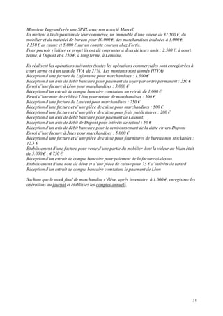 Monsieur Legrand crée une SPRL avec son associé Marcel.
Ils mettent à la disposition de leur commerce, un immeuble d’une valeur de 37.500 €, du
mobilier et du matériel de bureau pour 10.000 €, des marchandises évaluées à 3.000 €,
1.250 € en caisse et 5.000 € sur un compte courant chez Fortis.
Pour pouvoir réaliser ce projet ils ont dû emprunter à deux de leurs amis : 2.500 €, à court
terme, à Dupont et 4.250 €, à long terme, à Lemoine.
Ils réalisent les opérations suivantes (toutes les opérations commerciales sont enregistrées à
court terme et à un taux de TVA de 21%. Les montants sont donnés HTVA)
Réception d’une facture de Lafontaine pour marchandises : 1.500 €
Réception d’un avis de débit bancaire pour paiement du loyer par ordre permanent : 250 €
Envoi d’une facture à Léon pour marchandises : 3.000 €
Réception d’un extrait de compte bancaire constatant un retrait de 1.000 €
Envoi d’une note de crédit à Léon pour retour de marchandises : 500 €
Réception d’une facture de Laurent pour marchandises : 750 €
Réception d’une facture et d’une pièce de caisse pour marchandises : 500 €
Réception d’une facture et d’une pièce de caisse pour frais publicitaires : 200 €
Réception d’un avis de débit bancaire pour paiement de Laurent.
Réception d’un avis de débit de Dupont pour intérêts de retard : 50 €
Réception d’un avis de débit bancaire pour le remboursement de la dette envers Dupont
Envoi d’une facture à Jules pour marchandises : 5.000 €
Réception d’une facture et d’une pièce de caisse pour fournitures de bureau non stockables :
12,5 €
Etablissement d’une facture pour vente d’une partie du mobilier dont la valeur au bilan était
de 5.000 € : 4.750 €
Réception d’un extrait de compte bancaire pour paiement de la facture ci-dessus.
Etablissement d’une note de débit et d’une pièce de caisse pour 75 € d’intérêts de retard
Réception d’un extrait de compte bancaire constatant le paiement de Léon
Sachant que le stock final de marchandise s’élève, après inventaire, à 1.000 €, enregistrez les
opérations au journal et établissez les comptes annuels.
31
 
