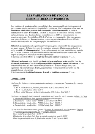 LES VARIATIONS DE STOCKS
ENREGISTREES EN PRODUITS
Les variations de stock des achats comptabilisés dans les comptes 60 qui n’ont pas subis de
processus de transformation sont comptabilisées en charges. Il n’en va pas de même pour les
encours de fabrication, produits finis, immeubles construits destinés à la vente et
commandes en cours d’exécution. En effet, le processus de fabrication entraîne, outre les
achats, toute une série d’autres charges comptabilisées en SBD, en rémunérations, en
amortissements, etc. Il est dès lors difficile d’agir sur ces charges et les faire correspondre
aux ventes de l’exercice. Pour cette raison, ce sont les produits qui vont être rectifiés de
manière à correspondre aux charges engagées durant l’exercice.
Si le stock a augmenté, cela signifie que l’entreprise, grâce à l’ensemble des charges mises
en œuvre au cours de l’exercice, outre la production nécessaire à la demande, a réussi à se
créer un chiffre d’affaires potentiel. Cet accroissement de stock est à assimiler aux produits
de l’exercice à clôturer. Les produits sont ainsi actés dans le même exercice que celui dans
lequel les charges de production ont été comptabilisées.
L’écriture consiste à débiter le compte de stock et à créditer un compte «71…».
Si le stock a diminué, cela signifie que l’entreprise a puisé dans le stock qui lui vient de
l’exercice précédent qu’elle avait déjà comptabilisé en produits lors de cet exercice. Cette
diminution de stock est donc à soustraire des ventes de l’exercice puisqu’elles y ont
également été comptabilisées; de plus, aucune charge correspondant à ces ventes n’a été
engagée lors de cet exercice.
L’écriture consiste à créditer le compte de stock et à débiter un compte «71…».
APPLICATIONS
1) Passez les écritures relatives aux données suivantes et montrez-en l'impact sur les comptes
annuels
a. En N, stock initial de produits finis évalué à 30 €, stock final à 100 €
En N + 1, stock final estimé à 50 €
b. Stock initial d’encours de fabrication évalué à 70 €, stock final à 50 €
2) Passez, au journal, les écritures de variation de stock pour les stocks suivants et dites s’il s’agit
d’un enrichissement ou d’un appauvrissement pour l’entreprise.
a. Fournitures : stock initial : 30.000 €, stock final : 45.000 €
b. Produits finis : stock initial : 70.000 €, stock final : 90.000 €
c. Produits finis : stock initial : 90.000 €, stock final : 80.000 €
3) Sur base des données suivantes, passez l’écriture de variation de stock et montrez l'impact
des données que vous possédez sur les comptes annuels.
Stock initial de produits finis : 4.000 €
Fabrication de produits finis dont le coût de production vaut 10.000 €
Vente de produits finis dont la fabrication a coûté 5.500 € pour 8.000 €
32
 
