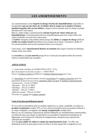 LES AMORTISSEMENTS
Les amortissements visent répartir la charge d’achat des immobilisations corporelles et
incorporelles qui ont une durée de vie limitée dans le temps sur le nombre d’années
pendant lesquelles elles seront utilisées; chaque exercice prenant ainsi en charge sa propre
utilisation de l’actif amorti.
Dans le même temps, l’amortissement constate la perte de valeur subie par ces
immobilisations; l’actif présentant ainsi les immobilisations pour leur valeur réelle, leur
valeur résiduelle ou encore leur valeur nette.
L’écriture enregistre cette double réalité puisqu’elle débite un compte de charge (630) et
crédite un compte d’actif immobilisé (sous-comptes de la classe 2 incluant le chiffre 9).
Les amortissements doivent être pratiqués même en cas de perte.
Cette année, seul l’amortissement linéaire ou constant dans lequel l’annuité est identique
chaque année sera utilisé.
Les terrains ne sont pas amortis puisqu’ils ne s’usent pas (exceptions faites des terrains
miniers ou pétrolifères par exemple).
APPLICATIONS
1) Achat d'une machine de 40.000 € HTVA (TVA : 21%),
frais de transport et de mise en place : 1.500 € HTVA.
Passez l’écriture d’achat et établissez le tableau d'amortissement sur 5 ans.
2) Journalisez les amortissements suivants et présentez les comptes concernés après les
opérations de fin d’exercice de la cinquième année sur base du tableau d’amortissement.
-Construction : 5% de 125.000 €
-Machines : 10% de 37.500 €
-Outillage : 10% de 15.000 €
-Mobilier : 20% de 17.500 €
-Matériel roulant : 20% de 22.500 €
Présentez les extraits des comptes annuels.
Vente d’un bien partiellement amorti
Si l’on vend un immobilisé pour un montant supérieur à sa valeur comptable, on réalise un
produit exceptionnel (compte 763); si l’on vend un immobilisé pour un montant inférieur à
sa valeur comptable, on supporte une charge exceptionnelle (compte 663).
Dans le cas où l’entreprise réaliserait de manière habituelle ses immobilisations amortissables,
on utiliserait alors une charge d’exploitation ou un produit d’exploitation (entreprises de
dépannage ou de location de véhicules de remplacement, entreprises qui exposent des
véhicules par exemple).
Il ne faut pas oublier de solder le compte des amortissements actés. En effet, une
diminution d’actif ne peut jamais rester au bilan si le bien auquel elle se rapporte en sort.
33
 