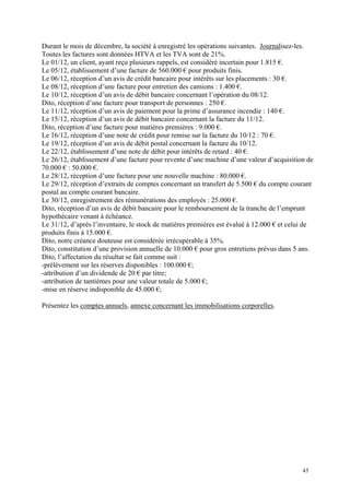 Durant le mois de décembre, la société à enregistré les opérations suivantes. Journalisez-les.
Toutes les factures sont données HTVA et les TVA sont de 21%.
Le 01/12, un client, ayant reçu plusieurs rappels, est considéré incertain pour 1.815 €.
Le 05/12, établissement d’une facture de 560.000 € pour produits finis.
Le 06/12, réception d’un avis de crédit bancaire pour intérêts sur les placements : 30 €.
Le 08/12, réception d’une facture pour entretien des camions : 1.400 €.
Le 10/12, réception d’un avis de débit bancaire concernant l’opération du 08/12.
Dito, réception d’une facture pour transport de personnes : 250 €.
Le 11/12, réception d’un avis de paiement pour la prime d’assurance incendie : 140 €.
Le 15/12, réception d’un avis de débit bancaire concernant la facture du 11/12.
Dito, réception d’une facture pour matières premières : 9.000 €.
Le 16/12, réception d’une note de crédit pour remise sur la facture du 10/12 : 70 €.
Le 19/12, réception d’un avis de débit postal concernant la facture du 10/12.
Le 22/12, établissement d’une note de débit pour intérêts de retard : 40 €.
Le 26/12, établissement d’une facture pour revente d’une machine d’une valeur d’acquisition de
70.000 € : 50.000 €.
Le 28/12, réception d’une facture pour une nouvelle machine : 80.000 €.
Le 29/12, réception d’extraits de comptes concernant un transfert de 5.500 € du compte courant
postal au compte courant bancaire.
Le 30/12, enregistrement des rémunérations des employés : 25.000 €.
Dito, réception d’un avis de débit bancaire pour le remboursement de la tranche de l’emprunt
hypothécaire venant à échéance.
Le 31/12, d’après l’inventaire, le stock de matières premières est évalué à 12.000 € et celui de
produits finis à 15.000 €.
Dito, notre créance douteuse est considérée irrécupérable à 35%.
Dito, constitution d’une provision annuelle de 10.000 € pour gros entretiens prévus dans 5 ans.
Dito, l’affectation du résultat se fait comme suit :
-prélèvement sur les réserves disponibles : 100.000 €;
-attribution d’un dividende de 20 € par titre;
-attribution de tantièmes pour une valeur totale de 5.000 €;
-mise en réserve indisponible de 45.000 €;
Présentez les comptes annuels, annexe concernant les immobilisations corporelles.
43
 