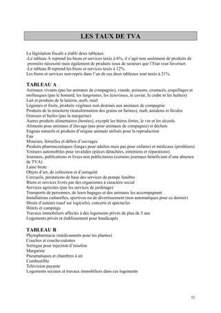 LES TAUX DE TVA
La législation fiscale a établi deux tableaux.
-Le tableau A reprend les biens et services taxés à 6%, il s’agit non seulement de produits de
première nécessité mais également de produits issus de secteurs que l’Etat veut favoriser.
-Le tableau B reprend les biens et services taxés à 12%.
Les biens et services non-repris dans l’un de ces deux tableaux sont taxés à 21%.
TABLEAU A
Animaux vivants (pas les animaux de compagnie), viande, poissons, crustacés, coquillages et
mollusques (pas le homard, les langoustes, les écrevisses, le caviar, le crabe ni les huîtres)
Lait et produits de la laiterie, œufs, miel
Légumes et fruits, produits végétaux non destinés aux animaux de compagnie
Produits de la minoterie (transformation des grains en farines), malt, amidons et fécules
Graisses et huiles (pas la margarine)
Autres produits alimentaires (hosties), excepté les bières fortes, le vin et les alcools.
Aliments pour animaux d’élevage (pas pour animaux de compagnie) et déchets
Engrais naturels et produits d’origine animale utilisés pour la reproduction
Eau
Minerais, ferrailles et débris d’ouvrages
Produits pharmaceutiques (langes pour adultes mais pas pour enfants) et médicaux (prothèses)
Voitures automobiles pour invalides (pièces détachées, entretiens et réparations)
Journaux, publications et livres non publicitaires (certains journaux bénéficiant d’une absence
de TVA)
Laine brute
Objets d’art, de collection et d’antiquité
Cercueils, prestations de base des services de pompe funèbre
Biens et services livrés par des organismes à caractère social
Services agricoles (pas les services de jardinage)
Transports de personnes, de leurs bagages et des animaux les accompagnant
Installations culturelles, sportives ou de divertissement (non automatiques pour ce dernier)
Droits d’auteurs (sauf sur logiciels), concerts et spectacles
Hôtels et campings
Travaux immobiliers affectés à des logements privés de plus de 5 ans
Logements privés et établissement pour handicapés
TABLEAU B
Phytopharmacie (médicaments pour les plantes)
Couches et couche-culottes
Seringue pour injection d’insuline
Margarine
Pneumatiques et chambres à air
Combustible
Télévision payante
Logements sociaux et travaux immobiliers dans ces logements
52
 