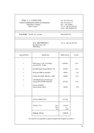 SPRL L. C. COMPUTER Tél : 071/39.18.14
Vente d’ordinateurs neufs et d’occasion Fax : 071/38.21.77
Réparations, cablage… R.C. : CH 187044
Import/ export T.V.A. : BE 457.430.224
Fortis : 260- 0288812-62
FACTURE 98/109 du 3 octobre BOUFFIOULX
S.A. DECORTOUT T.V.A. : BE 123.456.789
Rue Belle-Vue, 120
7000 Mons
QUANTITES ARTICLES PRIX HTVA TAUX
1 Mult tower, P 166 16 Cb hdu, 3.694,00 21%
carte PCI S3, 32 Mb
1 Kit Multimédia Sound Blaster X8 850,00 21%
1 Winword 2000 au quotidien 140,60 6%
1 Combo Win 2000 MS Plus 10FR 450,00 21%
1 100 MB ZIP drive Parallel part
6 pack ZIP 100 MB cartouche 867,80 21%
1 Clavier AZERTY
Souris Genius Sérial 109,00 21%
TOTAL HORS TVA 6.111,40
TOTAL TVA 21% 1.253,87
12% 0
6% 8,44
TOTAL TVAC 7.373,71
Nos factures sont payables au grand comptant dès réception de celles-ci
59
 