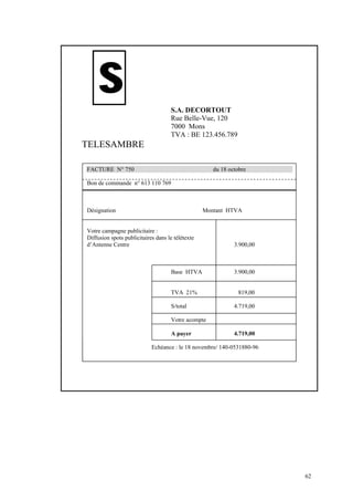 FACTURE N° 750 du 18 octobre
Bon de commande n° 613 110 769
Désignation Montant HTVA
Votre campagne publicitaire :
Diffusion spots publicitaires dans le télétexte
d’Antenne Centre 3.900,00
Base HTVA 3.900,00
TVA 21% 819,00
S/total 4.719,00
Votre acompte
A payer 4.719,00
Echéance : le 18 novembre/ 140-0531880-96
S.A. DECORTOUT
Rue Belle-Vue, 120
7000 Mons
TVA : BE 123.456.789
TELESAMBRE
S
62
 