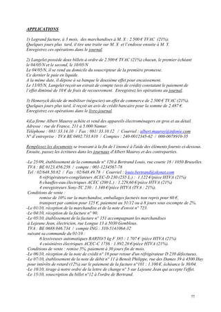 APPLICATIONS
1) Legrand facture, à 3 mois, des marchandises à M. X : 2.500 € TVAC (21%).
Quelques jours plus tard, il tire une traite sur M. X et l’endosse ensuite à M. Y.
Enregistrez ces opérations dans le journal.
2) Langelet possède deux billets à ordre de 2.500 € TVAC (21%) chacun, le premier échéant
le 04/05/N et le second, le 10/05/N
Le 04/05/N, il se rend au domicile du souscripteur de la première promesse.
Ce dernier le paie en liquide.
A la même date, il dépose à sa banque le deuxième effet pour encaissement.
Le 13/05/N, Langelet reçoit un extrait de compte (avis de crédit) constatant le paiement de
l’effet diminué de 10 € de frais de recouvrement. Enregistrez les opérations au journal.
3) Hemeryck décide de mobiliser (négocier) un effet de commerce de 2.500 € TVAC (21%).
Quelques jours plus tard, il reçoit un avis de crédit bancaire pour la somme de 2.487 €.
Enregistrez ces opérations dans le livre-journal.
4)La firme Albert Mauroy achète et vend des appareils électroménagers en gros et au détail.
Adresse : rue de France, 211 à 5.000 Namur.
Téléphone : 081/ 33.14.10 / Fax : 081/ 33.10.12 / Courriel : albert.mauroy@infonie.com
N° d’entreprise : TVA BE 0402.733.810 / Comptes : 240-0012345-62 / 000-0078910-35
Remplissez les documents se trouvant à la fin de l’énoncé à l'aide des éléments fournis ci-dessous.
Ensuite, passez les écritures dans les journaux d'Albert Mauroy et des contreparties.
-Le 25/09, établissement de la commande n° 120 à Bertrand Louis, rue courte 18 / 1050 Bruxelles.
TVA : BE 0123.456.258 / compte : 001-1234567-78
Tel : 02/648.50.82 / Fax : 02/648.49.78 / Courriel : louis.bertrand@skynet.com
6 réfrigérateurs-congélateurs ACEC-D 230 (235 L.) : 1.122 €/pièce HTVA (21%)
6 chauffes-eau électriques ACEC (200 L.) : 1.229,60 €/pièce HTVA (21%)
4 enregistreurs Sony-TC 230 : 1.340 €/pièce HTVA (TVA : 21%).
Conditions de vente :
remise de 10% sur la marchandise, emballages facturés non repris pour 60 €,
transport par camion pour 125 €, paiement au 31/12 ou à 8 jours sous escompte de 2%.
-Le 01/10, réception de la marchandise et de la note d'envoi n° 723.
-Le 04/10, réception de la facture n° 90.
-Le 05/10, établissement de la facture n° 151 accompagnant les marchandises
à Lejeune Jean, électricien, rue Longue 13 à 5030 Gembloux.
TVA : BE 0688.046.734 / compte ING : 310-5141064-32
suivant sa commande du 01/10 :
6 lessiveuses automatiques BARTO/5 kg F 385 : 1.707 € /pièce HTVA (21%)
4 cuisinières électriques ACEC-C 1736 : 1.892,20 €/pièce HTVA (21%).
Conditions de vente : remise 5%, paiement à 30 jours fin de mois.
-Le 06/10, réception de la note de crédit n° 18 pour retour d'un réfrigérateur D 230 défectueux.
-Le 07/10, établissement de la note de débit n° 11 à Benoît Philippe, rue des Dames 39 à 4500 Huy
pour intérêts de retard (12%) sur le paiement de la facture n°101 : 1.100 €, échéance le 30/04.
-Le 10/10, tirage à notre ordre de la lettre de change n° 5 sur Lejeune Jean qui accepte l'effet.
-Le 15/10, souscription du billet n°12 à l'ordre de Bertrand.
77
 