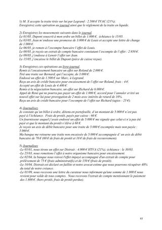 1) M. X accepte la traite tirée sur lui par Legrand : 2.500 € TVAC (21%).
Enregistrez cette opération au journal ainsi que le règlement de la traite en liquide.
2) Enregistrez les mouvements suivants dans le journal.
Le 01/05, Dupont souscrit à mon ordre un billet de 1.000 €, échéance le 15/05.
Le 03/05, Jean m’endosse une promesse de 3.000 € de Louis et accepte une lettre de change
de 1.000 €.
Le 06/05, je remets à l’escompte bancaire l’effet de Louis.
Le 08/05, je reçois un extrait de compte bancaire constatant l’escompte de l’effet : 2.950 €.
Le 09/05, j’endosse à Lenoir l’effet sur Jean.
Le 15/05, j’encaisse le billet de Dupont (pièce de caisse reçue).
3) Enregistrez ces opérations au livre-journal.
Remis à l’encaissement bancaire un effet sur Roland de 2.000 €.
Tiré une traite sur Bernard, qui l’accepte, de 3.000 €.
Endossé un effet de 1.500 € sur Marc, à Legrand.
Reçu un avis de crédit bancaire pour encaissement de l’effet sur Roland, frais : 4 €.
Accepté un effet de Louis de 4.400 €.
Remis à la négociation bancaire, un effet sur Richard de 6.000 €.
Appel de René qui ne pourra pas payer un effet de 1.000 €, accord pour l’annuler et tiré un
nouvel effet sur lui pour prorogation de 2 mois avec intérêts de retard de 10%.
Reçu un avis de crédit bancaire pour l’escompte de l’effet sur Richard (agios : 25 €).
4) Journalisez.
Je constate qu’un billet à ordre, détenu en portefeuille, d’un montant de 5.000 € n’est pas
payé à l’échéance. Frais de protêt, payés par caisse : 60 €.
Un fournisseur auquel j’avais endossé un effet de 5.000 € me signale que celui-ci n’a pas été
payé et que le montant du protêt s’élève à 60 €.
Je reçois un avis de débit bancaire pour une traite de 5.000 € escomptée mais non payée :
5.060 €.
Ma banque me retourne une traite non encaissée de 5.000 € accompagnée d’ un avis de débit
bancaire de 70 € (60 € de frais de protêt et 10 € de frais de recouvrement).
5) Journalisez
-Le 05/01, nous tirons un effet sur Distrait : 4.000 € HTVA (21%); échéance : le 30/03.
-Le 25/03, nous remettons l’effet à notre organisme bancaire pour encaissement.
-Le 02/04, la banque nous renvoi l'effet impayé accompagné d'un extrait de compte pour
prélèvement de 75 € (frais administratifs) et de 150 € (frais de protêt).
-Le 10/04, Distrait est déclaré en faillite et notre avocat estime que nous pourrons récupérer 40%
du total de notre créance.
-Le 01/09, nous recevons une lettre du curateur nous informant qu'une somme de 1.800 € nous
revient pour solde de tous comptes. Nous recevons l'extrait de compte mentionnant le paiement
des 1.800 €. (hors protêt, frais de protêt perdus).
85
 