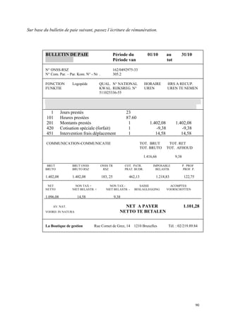 Sur base du bulletin de paie suivant, passez l’écriture de rémunération.
BULLETIN DE PAIE Période du 01/10 au 31/10
LOONFICHE Période van tot
N° ONSS-RSZ 162/0492975-33
N° Com. Par. – Par. Kom. N° - Nr . 305.2
FONCTION Logopède QUAL. N° NATIONAL HORAIRE HRS A RECUP.
FUNKTIE KWAL. RIJKSREG. N° UREN UREN TE NEMEN
511025336-55
Code Libelle-Omscrijving Nombre Base Montant total
Code Aantal Basis Total bedrag
1 Jours prestés 23
101 Heures prestées 87.60
201 Montants prestés 1 1.402,08 1.402,08
420 Cotisation spéciale (forfait) 1 -9,38 -9,38
451 Intervention frais déplacement 1 14,58 14,58
COMMUNICATION-COMMUNICATIE TOT. BRUT TOT. RET
TOT. BRUTO TOT. AFHOUD
1.416,66 9,38
BRUT BRUT ONSS ONSS TR COT. PATR. IMPOSABLE P. PROF
BRUTO BRUTO RSZ RSZ PRAT. BUDR. BELASTB. PROF. P.
1.402,08 1.402,08 183, 25 462,13 1.218,83 122,75
NET NON TAX + NON TAX - SAISIE ACOMPTES
NETTO NIET BELASTB. + NIET BELASTB. - BESLAGLEGGING VOORSCHOTTEN
1.096,08 14,58 9,38
AV. NAT. NET A PAYER 1.101,28
VOORD. IN NATURA NETTO TE BETALEN
La Boutique de gestion Rue Cornet de Grez, 14 1210 Bruxelles Tél. : 02/219.89.84
90
 