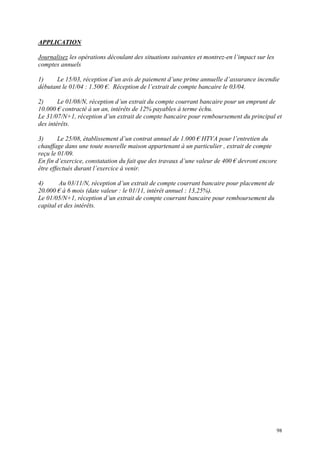 APPLICATION
Journalisez les opérations découlant des situations suivantes et montrez-en l’impact sur les
comptes annuels
1) Le 15/03, réception d’un avis de paiement d’une prime annuelle d’assurance incendie
débutant le 01/04 : 1.500 €. Réception de l’extrait de compte bancaire le 03/04.
2) Le 01/08/N, réception d’un extrait du compte courrant bancaire pour un emprunt de
10.000 € contracté à un an, intérêts de 12% payables à terme échu.
Le 31/07/N+1, réception d’un extrait de compte bancaire pour remboursement du principal et
des intérêts.
3) Le 25/08, établissement d’un contrat annuel de 1.000 € HTVA pour l’entretien du
chauffage dans une toute nouvelle maison appartenant à un particulier , extrait de compte
reçu le 01/09.
En fin d’exercice, constatation du fait que des travaux d’une valeur de 400 € devront encore
être effectués durant l’exercice à venir.
4) Au 03/11/N, réception d’un extrait de compte courrant bancaire pour placement de
20.000 € à 6 mois (date valeur : le 01/11, intérêt annuel : 13,25%).
Le 01/05/N+1, réception d’un extrait de compte courrant bancaire pour remboursement du
capital et des intérêts.
98
 