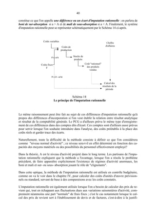 40
constitue ce que l'on appelle une différence ou un écart d'imputation rationnelle : on parlera de
boni de sur-absorption si a > A et de mali de sous-absorption si a < A. Finalement, le système
d'imputation rationnelle peut se représenter schématiquement par le Schéma 14 ci-après.

Coûts variables

Chiffre
d'affaires

Coûts de
production
F x a/A

Stocks de
produits
Coût "rationnel"
des produits
vendus

Coûts fixes
F

F x (1 - a/A)

Calcul des
résultats de la
période

Schéma 14
Le principe de l'imputation rationnelle

Le même raisonnement peut être fait au sujet de ces différences d'imputation rationnelle qu'à
propos des différences d'incorporation si l'on veut établir la relation entre résultat analytique
et résultat de la comptabilité générale. Le PCG a d'ailleurs prévu le même type d'enregistrement de ces différences dans des comptes dits d'écart. Ces comptes sont d'ailleurs aussi prévus
pour servir lorsque l'on souhaite introduire dans l'analyse, des coûts préétablis à la place des
coûts réels et garder trace des écarts.
Naturellement, toute la difficulté de la méthode consiste à définir ce que l'on considérera
comme "niveau normal d'activité" ; ce niveau sera-t-il en effet déterminé en fonction des capacités des moyens matériels ou des possibilités du personnel effectivement employé?
Dans la théorie, A est le niveau d'activité projeté dans le long terme. Les partisans de l'imputation rationnelle expliquent que la méthode a l'avantage, lorsque l'on a résolu le problème
précédent, de faire apparaître explicitement l'existence de régimes d'activité anormaux, les
boni et mali et sur- ou sous- absorption jouant le rôle de "clignotants".
Dans cette optique, la méthode de l'imputation rationnelle est utilisée en contrôle budgétaire,
comme on va le voir dans le chapitre IV, pour calculer des coûts d'unités d'œuvre prévisionnels ou standard, servant de base à des comparaisons avec les coûts constatés.
L'imputation rationnelle est également utilisée lorsque l'on a besoin de calculer des prix de revient qui, tout en échappant aux fluctuations dues aux variations saisonnières d'activité, comprennent néanmoins une part "normale" de frais fixes ; c'est le cas notamment lorsque le calcul des prix de revient sert à l'établissement de devis et de factures, c'est-à-dire à la justifi-

 