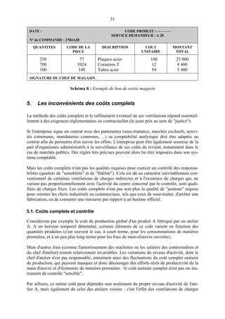 31
DATE : CODE PRODUIT : - - - - - - -
SERVICE DEMANDEUR : A 28
N° de COMMANDE : 2784A28
QUANTITES CODE DE LA
PIECE
DESCRIPTION COUT
UNITAIRE
MONTANT
TOTAL
250
700
100
77
1024
148
Plaques acier
Cornières T
Tubes acier
100
12
54
25 000
8 400
5 400
SIGNATURE DU CHEF DE MAGASIN :
Schéma 8 : Exemple de bon de sortie magasin
5. Les inconvénients des coûts complets
La méthode des coûts complets et le raffinement éventuel de ses ventilations répond essentiel-
lement à des exigences réglementaires ou contractuelles (le juste prix au sens de "justice").
Si l'entreprise signe un contrat avec des partenaires (sous-traitance, marchés exclusifs, activi-
tés communes, mandataires communs, ...) sa comptabilité analytique doit être adaptée au
contrat afin de permettre d'en suivre les effets. L'entreprise peut être également soumise de la
part d'organismes administratifs à la surveillance de ses coûts de revient, notamment dans le
cas de marchés publics. Des règles très précises peuvent alors lui être imposées dans son sys-
tème comptable.
Mais les coûts complets n'ont pas les qualités requises pour exercer un contrôle des responsa-
bilités (qualités de "sensibilité" et de "fidélité"). Cela est dû au caractère inévitablement con-
ventionnel de certaines ventilations de charges indirectes et à l'existence de charges qui, ne
variant pas proportionnellement avec l'activité du centre concerné par le contrôle, sont quali-
fiées de charges fixes. Les coûts complets n'ont pas non plus la qualité de "justesse" requise
pour orienter les choix industriels ou commerciaux, tels que ceux de sous-traiter, d'arrêter une
fabrication, ou de consentir une ristourne par rapport à un barème officiel.
5.1. Coûts complets et contrôle
Considérons par exemple le coût de production global d'un produit A fabriqué par un atelier
A. A un horizon temporel déterminé, certains éléments de ce coût varient en fonction des
quantités produites (c'est souvent le cas, à court terme, pour les consommations de matières
premières, et à un peu plus long terme pour les frais de main-d'œuvre ouvrière).
Mais d'autres frais (comme l'amortissement des machines ou les salaires des contremaîtres et
du chef d'atelier) restent relativement invariables. Les variations du niveau d'activité, dont le
chef d'atelier n'est pas responsable, entraînent ainsi des fluctuations du coût complet unitaire
de production, qui peuvent masquer et donc décourager des efforts réels de productivité de la
main d'œuvre et d'économie de matières premières : le coût unitaire complet n'est pas un ins-
trument de contrôle "sensible".
Par ailleurs, ce même coût peut dépendre non seulement du propre niveau d'activité de l'ate-
lier A, mais également de celui des ateliers voisins : c'est l'effet des ventilations de charges
 
