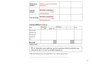 132
Marge brute
unitaire
Différence entre C.A et coût de
production :
Taux de
marque
Résultat analytique
------------------------ x 100
Coût de Revient
Taux de marge
Résultat analytique
------------------------ x 100
Prix de vente H.T.
Activité 200N (brouillon)
Americano Seduttore
200N
Q Unit Total %
Global
Coût d'achat
Coût de prod
Coût de distr
Coût de rev
C.A.
Rés anal
SIMULATION
Que deviendrait le taux de marge dans ce cas ? Qu’en pensez-vous ?
…………………………………………………………………………………………………………
M. Valentin vous informe qu’un nouveau client souhaite une
réduction de 25 % sur le modèle Seduttore.
 