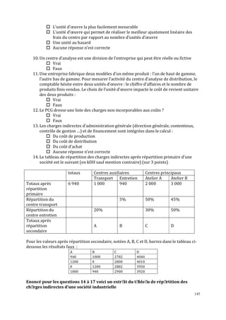 145
L’unité d’œuvre la plus facilement mesurable
L’unité d’œuvre qui permet de réaliser le meilleur ajustement linéaire des
frais du centre par rapport au nombre d’unités d’œuvre
Une unité au hasard
Aucune réponse n’est correcte
10. Un centre d’analyse est une division de l’entreprise qui peut être réelle ou fictive
Vrai
Faux
11. Une entreprise fabrique deux modèles d’un même produit : l’un de haut de gamme,
l’autre bas de gamme. Pour mesurer l’activité du centre d’analyse de distribution, le
comptable hésite entre deux unités d’œuvre : le chiffre d’affaires et le nombre de
produits finis vendus. Le choix de l’unité d’œuvre impacte le coût de revient unitaire
des deux produits :
Vrai
Faux
12. Le PCG dresse une liste des charges non incorporables aux coûts ?
Vrai
Faux
13. Les charges indirectes d’administration générale (direction générale, contentieux,
contrôle de gestion …) et de financement sont intégrées dans le calcul :
Du coût de production
Du coût de distribution
Du coût d’achat
Aucune réponse n’est correcte
14. Le tableau de répartition des charges indirectes après répartition primaire d’une
société est le suivant (en kDH sauf mention contraire) (sur 3 points)
Centres auxiliaires Centres principauxtotaux
Transport Entretien Atelier A Atelier B
Totaux après
répartition
primaire
6 940 1 000 940 2 000 3 000
Répartition du
centre transport
5% 50% 45%
Répartition du
centre entretien
20% 30% 50%
Totaux après
répartition
secondaire
A B C D
Pour les valeurs après répartition secondaire, notées A, B, C et D, barrez dans le tableau ci-
dessous les résultats faux :
A B C D
940 1000 2782 4040
1200 0 2800 4010
0 1200 2882 3950
1000 940 2900 3920
Enoncé pour les questions 14 à 17 voici un extrait du tableau de répartition des
charges indirectes d’une société industrielle
 
