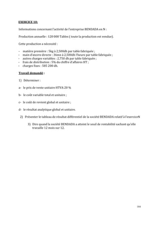184
EXERCICE 10:
Informations concernant l’activité de l’entreprise BENDADA en N :
Production annuelle : 120 000 Tables ( toute la production est vendue).
Cette production a nécessité :
- matière première : 5kg à 2,500dh par table fabriquée ;
- main d’œuvre directe : 36mn à 2,500dh l’heure par table fabriquée ;
- autres charges variables : 2,750 dh par table fabriquée ;
- frais de distribution : 5% du chiffre d’affaires HT ;
- charges fixes : 585 200 dh.
Travail demandé :
1) Déterminer :
a- le prix de vente unitaire HTVA 20 %
b- le coût variable total et unitaire ;
c- le coût de revient global et unitaire ;
d- le résultat analytique global et unitaire.
2) Présenter le tableau de résultat différentiel de la société BENDADA relatif à l’exerciceN
3) Dire quand la société BENDADA a atteint le seuil de rentabilité sachant qu’elle
travaille 12 mois sur 12.
 