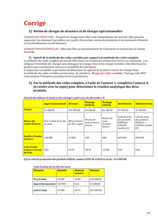 201
Corrigé
1) Notion de charges de structure et de charges opérationnelles
CHARGES DE STRUCTURE :. On parle de charges fixes. Elles sont indépendantes de l’activité. Elles peuvent
augmenter (ou diminuer) par paliers car à partir d’un certain niveau de production il est nécessaire d’investir
et (ou) d’embaucher (ou de licencier).
CHARGES OPERATIONNELLES : Elles sont liées au fonctionnement de l’entreprise et varient avec le volume
d’activité.
2) Intérêt de la méthode des coûts variables par rapport à la méthode des coûts complets
La méthode des coûts complets permet de déterminer un résultat par produit (ou service ou commande…) en
intégrant l’ensemble des charges sans distinguer les charges fixes et les charges variables. Elle détermine les
produits qui contribuent le mieux à la rentabilité de l’entreprise.
L’analyse par variabilité va permettre de déterminer la capacité du produit à couvrir les charges fixes.
La méthode des coûts variables permet alors, de calculer la Marge sur coûts variables. Tant que cette MCV
reste positive l’entreprise peut poursuivre la production.
3) Par la méthode des coûts complets, à l’aide de l’annexe 1, complétez l’annexe A
(à rendre avec la copie) pour déterminer le résultat analytique des deux
produits.
Extrait du tableau d'analyse des charges indirectes de décembre N
Approvisionnement Découpe
Montage
BASICAL
Montage
LUXUAL
Distribution Administration
Totaux 41 680.00 152 400.00 36 280.00 86 280.00 57 960.00 41 400.00
Nature de
l'unité d'œuvre
Prix d'achat de la tôle
du mois
Mètre linéaire
de tôle coupée
Heures de
main d'œuvre
directe
Heures de
main
d'œuvre
directe
Coût de prod.
des produits
BASICAL+
LUXUAL
vendus (2)
Coût de prod.
des produits
BASICAL +
LUXUAL vendus
(2)
Nombre d'unités
d'œuvre
160 000 12 000 400 600 829 000 828 000
Coût d'unité
d'œuvre ou taux
de frais
0.26 12.70 90.70 143.80 0.07 0.05
(2) Le coût de production des produits LUXUAL vendus (CPPV de LUXUAL) est de : 514 000 DH
Coût d'achat de la tôle du mois
Éléments Quantité Montant
unitaire
Montant
Prix d'achat 10 000 16.00 160 000.00
Approvisionnement 160 000 0.26 41 680.00
Coût d'achat 10 000 20.17 201 680.00
 