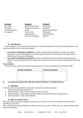 Brahim BELGUELSSA OUARZAZATE LYCEE IBN ALHAITAM26
B. Classification
Le découpage de la structure de l’entreprise en centres d’analyse fait sortir deux types de centres : des
centres auxiliaires et des centres principaux :
Les centres analytiques auxiliaires sont des centres qui fonctionnent au service des centres
principaux. Leurs activités génèrent des frais qui doivent être transférés pour être supportés en
définitive par les centres principaux.
Les centres analytiques principaux sont des centres dont les frais s’imputent directement aux
différents coûts. Autrement dit ; les charges des centres principaux sont des composantes directes des
coûts.
Travail à faire
Préciser dans le ci-dessous les centres principaux et les centres auxiliaires de l’entreprise GIRO
Centres auxiliaires Centres principaux
II. Les unités de mesure des coûts des centres d’analyse : les unités d’œuvre
A. Définition
L’unité d’œuvre est une unité de mesure de l’activité d’un centre analytique.
Elle est généralement exprimée en :
Unité de temps : heure de main d’œuvre, heure machine.
Unité physique : kg de matière achetée, nombre de produits obtenus, km parcourue …
Unité monétaire : 1 dh, 10 dh, 1000 dh…
B. Rôle de l’unité d’œuvre
Elle permet dans un premier temps de fractionner le coût d’un centre sur le nombre d’unités d’œuvre
réalisées par ce centre .
Dans un deuxième temps d’imputer le coût du centre soit à un autre centre, soit à un coût en fonction des
unités consommées.
Exemple Exemple Exemple
Une usine
Un atelier
Un établissement
Un magasin
…
Atelier d’une usine
Poste de travail d’un
atelier
Service d’un
établissement
Rayon d’un magasin
…
Gestion des
bâtiments
Approvisionnement
Production
Administration
Sécurité
…
 