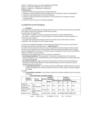 Brahim BELGUELSSA OUARZAZATE LYCEE IBN ALHAITAM30
Atelier1 : 8 400 heures pour une valeur globale de 64 600 dh.
Atelier2 : Produit P1; 4 400 heures à 7,2 dh l’heure.
Atelier3 : Produit P2 ; 4 500 heures à 8 dh l’heure.
Travail à Faire :
1) Achever le tableau de répartition des charges indirectes .
2) Présenter le coût d’achat des matières premières et les comptes des stocks correspondants.
3) Calculer le coût de production à la sortie de l’atelier1.
4) Calculer le coût de production des produits P1 et P2 et présenter les comptes de stocks
correspondants.
5) Calculer le coût de revient et le résultat analytique.
La méthode des sections homogènes :
1. principes :
Pour permettre une répartition des charges indirectes entre les coûts aussi proche de que possible
de la réalité, l'activité de l'entreprise est divisée en sections.
La section peut correspondre à :
--Une fonction : exemples : la section un approvisionnement, la section administration,
-- un service , la section atelier 1, la section atelier 2, la section achats, la section transports , la
section de vente en détail...
-- un simple regroupement des charges de droit c'est-à-dire que la section existe au niveau
comptable , mais . Exemple la section charges sociales.
La section est qualifiée d’homogène lorsque toutes les charges qui la concernent peuvent être
mesurées par une même unité de mesure « unité d'oeuvre ».
Les unités d'oeuvre sont des unités de mesure de l'activité de la section chaque section un unité
d'oeuvre trois et unité d'oeuvre commune allant 100 de des charges indirectes que de la section
marque homogénéité de la section : en répartie toutes les charges de la section entre les différents
coûts en se basant sur un seul critère.
L’analyse du cycle d'exploitation d'un et de classer les sections en :
-- les sections principales : Elles participent directement à la production et à la vente des
produits fabriqués. ce sont essentiellement la section approvisionnement, la section production,
et la section distribution.
-- les sections auxiliaires : Elles fournissent des prestations à d'autres sections principales ou
auxiliaires. Ce sont essentiellement la section administration, la section entretien, la section
énergie (section force motrice).
2. la répartition primaire : elle consiste à répartir les différentes charges indirectes entre les
sections principales et les sections auxiliaires selon des critères propres à chaque catégorie
de charges.
Exemple :
3. la répartition secondaire : elle consiste à répartir les sections auxiliaires entre les sections
principales.
3.1la répartition secondaire simple.
Sections
auxiliaires
Sections
principales
Charges
indirecte
s
Clés de
répartition
Montan
ts
Études
Administ
.
Appro
v,
Atelier
1
Atelier
2
Distrib,
Achats de
matières et de
fournitures
Taux
approximatifs
6 000 15 % 35 % 20 % 5% 5% 20 %
Autres charges
externes
Taux
approximatifs
37 000 4% 36 % 10 % 5% 15% 30 %
Impôts et taxes
Bases
imposables
24 000 5 000 61000 14 000 60 000 70 000 30 000
 