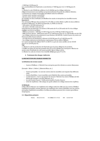 Brahim BELGUELSSA OUARZAZATE LYCEE IBN ALHAITAM40
- 2 000 Kg à 10 DH pour B.
Les consommations de lapériode se sont élevées à 7 000 Kg pour A et 11 500 Kg pour B.
TAF
1. Calculez le coût d’achat des matières A et B sachant que les charges indirectes
d’approvisionnement sont réparties proportionnellement au poids des matières achetées.
2. Présentez les comptes d’inventaire permanent selon les méthodes :
- Premier entré- premier sorti (FIFO)
- Dernier entré- premier sorti (LIFO)
3. Comparez les deux méthodes d’évaluation des stocks et interprétez les résultats trouvés.
Exercice 8 :
Une entreprise fabrique deux produits P1 et P2 dans un même atelier à partir de deux matières
premières différentes. Au début de lapériode, il y avait un stock de :
- 100 unités à 105 DH/unité pour P1
- 50 unités à 103 DH/ unité pour P2
Laproduction de lapériode s’est élevée à 500 unités de P1 et 250 unités de P2 et les charges
engagées ont été les suivantes :
- Matières premières : 1000 Kg à 15 DH le Kg pour P1 et 500 Kg à 8 DH le Kg pour P2.
- Main d’oeuvre directe : 3000 heures pour P1 et 1500 heures pour P2. Le coût horaire est de 6 DH.
- Les charges indirectes de production se sont élevées à 40.500 DH. L’unité d’oeuvre du centre est
l’heure de main d’oeuvre directe.
- Les frais directs de distribution s’élèvent à 8.250 DH pour P1 et 5.180 DH pour P2.
- Les charges indirectes de distribution représentent 5% du chiffre d’affaires.
Les ventes de lapériode étaient 550 P1 et 280 P2. Le prix de vente unitaire est de 150 DH
pour P1 et 120 DH pour P2.
TAF
1. Calculer le coût de production de lapériode pour les deux catégories de produits.
2. Etablir les ϐiches de stock des produits ϐinis (P1 et P2) sachant que l’entreprise valorise ses
sorties selon laméthode du coût moyen pondéré après chaque entrée.
3. Calculer les coûts de revient et les résultats analytiques pour P1 et P2.
4- Traitement des charges indirectes
LA REPARTITION DES CHARGES INDIRECTES
1) Déϐinition des termes usuels
- Centres d'analyses : L'activité d'une entreprise peut être divisée en centres autonomes
(Exemple : atelier 1, atelier 2, administration, etc. )
- Centres principaux : Ce sont des centres dont les montants sont imputés aux différents
coûts.
- Centres auxiliaires : Leurs montants sont transférés aux centres principaux.
- L'unité d'œuvre : C'est ce qui permet de mesurer l'activité d'un centre d'analyse (le kilo
acheté par exemple, le produit fabriqué, etc..)
- Le coût d'unité d'œuvre : Total centre/nombre d'unités d'œuvre
- Laclé de répartition : Elle indique de quelle manière les charges doivent être réparties.
2) Méthode :
Il faut d'abord effectuer une répartition des charges indirectes dans tous les centres d'analyse
(répartition primaire), ensuite effectuer une répartition des centres auxiliaires vers les centres
principaux (répartition secondaire). Certaines prestations peuvent être croisées (prestations
réciproques).
4-1- Répartition primaire
 