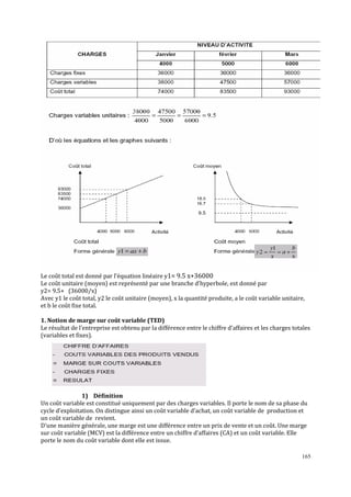 Le coût total est donné par l’équation linéaire y1= 9.5 x+36000
Le coût unitaire (moyen) est représenté par une branche d’hyperbole, est donné par
y2= 9.5+ (36000/x)
Avec y1 le coût total, y2 le coût unitaire (moyen), x la quantité produite, a le coût variable unitaire,
et b le coût fixe total.
1. Notion de marge sur coût variable (TED)
Le résultat de l’entreprise est obtenu par la différence entre le chiffre d’affaires et les charges totales
(variables et fixes).

1) Définition
Un coût variable est constitué uniquement par des charges variables. Il porte le nom de sa phase du
cycle d’exploitation. On distingue ainsi un coût variable d’achat, un coût variable de production et
un coût variable de revient.
D’une manière générale, une marge est une différence entre un prix de vente et un coût. Une marge
sur coût variable (MCV) est la différence entre un chiffre d’affaires (CA) et un coût variable. Elle
porte le nom du coût variable dont elle est issue.
165

 