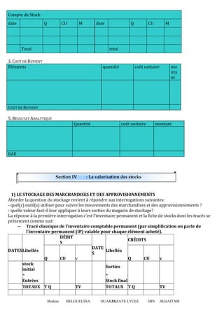 Compte de Stock
date

Q

CU

M

date

Total

Q

CU

M

total

3. COUT DE REVIENT
Eléments

quantité

coût unitaire

mo
nta
nt

COUT DE REVIENT
5. RESULTAT ANALYTIQUE
Quantité

coût unitaire

montant

RAE

Section IV

: La valorisation des stocks

1) LE STOCKAGE DES MARCHANDISES ET DES APPROVISIONNEMENTS
Aborder la question du stockage revient à répondre aux interrogations suivantes:
- quel(s) outil(s) utiliser pour suivre les mouvements des marchandises et des approvisionnements ?
- quelle valeur faut-il leur appliquer à leurs sorties du magasin de stockage?
La réponse à la première interrogation c'est l'inventaire permanent et la fiche de stocks dont les tracés se
présentent comme suit:
 Tracé classique de l'inventaire comptable permanent (par simplification on parle de
l'inventaire permanent (IP) valable pour chaque élément acheté).
DÉBIT
CRÉDITS
S
DATE
DATES Libellés
Libellés
S
Q
CU
v
Q
CU
v
stock
Sorties
initial
+
+
Entrées
Stock final
TOTAUX T Q
TV
TOTAUX T Q
TV
Brahim

BELGUELSSA

OUARZAZATE LYCEE
18

IBN

ALHAITAM

 
