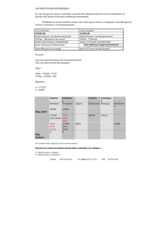 LES PRESTATIONS RECIPROQUES :
Ex : les charges du service « entretien » peuvent être réparties entre les centres utilisateurs en
fonction des heures d’entretien réellement consommées.
Problème en cas de transfert croisé, c’est à dire que le service « transport » travaille pour le
service « entretien » et réciproquement.
cout entretien
49500 dh
Unité d’œuvre : les heures de travail
TOTAL : 300 heures de travail
DONT 45H POUR LE TRANSPORT
Dont 165h pour la fabrication

cout transport
14300 dh
Unité d’œuvre : les Km parcourus
TOTAL : 7150 Km
DONT 715 POUR L’ENTRETIEN

Dont 90h pour le montage

Dont 3375 pour la distribution

Dont 2860 pour l’approvisionnement

On pose :
Soit x le coût d’une heure de travail d’entretien
Soit y le coût d’un Km de transport
Alors :
300x = 49500 + 71,5y
7150y = 15300 + 45x
Résultats :
x = 172,35
y = 3,085

Centres
Entretien

Primaire
s
Transport

49500

Centres

14300

Appro.

principau
x
Fabrication Montage

Distributio
n

Rép.1aire
-51706
7756
(coût total) (coût
entr)
2206
-22056
(coût
(coût
trans)
total)
0
0

28438

15512

8822

11028

Rép.
2ndaire
Ces 2 totaux sont à répartir sur les 4 autres centres.
Exercice n°2 : trouver le total du coût du centre « entretien » et « énergie » :
X : total du centre « énergie »
Y : total du centre « entretien »
Brahim

BELGUELSSA

OUARZAZATE LYCEE
61

IBN

ALHAITAM

 