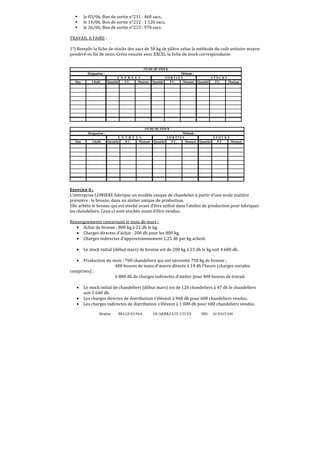 le 03/06, Bon de sortie n°211 : 460 sacs,
le 14/06, Bon de sortie n°212 : 1 120 sacs,
le 26/06, Bon de sortie n°213 : 970 sacs.
TRAVAIL A FAIRE :
1°) Remplir la ϐiche de stocks des sacs de 50 kg de plâtre selon la méthode du coût unitaire moyen
pondéré en fin de mois. Créez ensuite avec EXCEL la fiche de stock correspondante.

FICHE DE STOCK
Désignation :
Date

Libellé

E N T R E E S
Quantité
P.U.
Montant

Méthode :
SORTIES
Quantité
P.U.
Montant

Quantité

STOCKS
P.U.
Montant

FICHE DE STOCK
Désignation :
Date

Libellé

E N T R E E S
Quantité
P.U.
Montant

Méthode :
SORTIES
Quantité
P.U.
Montant

Quantité

STOCKS
P.U.
Montant

Exercice 6 :
L’entreprise LUMIERE fabrique un modèle unique de chandelier à partir d’une seule matière
première : le bronze, dans un atelier unique de production.
Elle achète le bronze qui est stocké avant d’être utilisé dans l’atelier de production pour fabriquer
les chandeliers. Ceux-ci sont stockés avant d’être vendus.
Renseignements concernant le mois de mars :
• Achat de bronze : 800 kg à 22 dh le kg.
• Charges directes d’achat : 200 dh pour les 800 kg.
• Charges indirectes d’approvisionnement 1,25 dh par kg acheté.
•

Le stock initial (début mars) de bronze est de 200 kg à 23 dh le kg soit 4 600 dh.

•

Production du mois : 700 chandeliers qui ont nécessité 750 kg de bronze ;
400 heures de main-d’œuvre directe à 14 dh l’heure (charges sociales
comprises) ;
6 880 dh de charges indirectes d’atelier pour 400 heures de travail.
•
•
•

Le stock initial de chandeliers (début mars) est de 120 chandeliers à 47 dh le chandeliers
soit 5 640 dh.
Les charges directes de distribution s’élèvent à 968 dh pour 600 chandeliers vendus.
Les charges indirectes de distribution s’élèvent à 1 000 dh pour 600 chandeliers vendus.
Brahim

BELGUELSSA

OUARZAZATE LYCEE
71

IBN

ALHAITAM

 