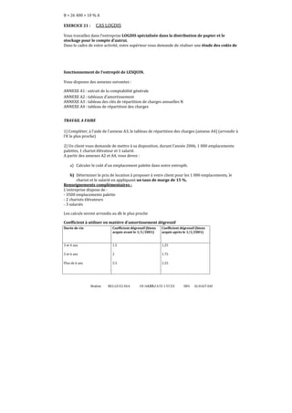 B = 26 400 + 10 % A

CAS LOGDIS

EXERCICE 21 :

Vous travaillez dans l’entreprise LOGDIS spécialisée dans la distribution de papier et le
stockage pour le compte d’autrui.
Dans le cadre de votre activité, votre supérieur vous demande de réaliser une étude des coûts de

fonctionnement de l’entrepôt de LESQUIN.
Vous disposez des annexes suivantes :
ANNEXE A1 : extrait de la comptabilité générale
ANNEXE A2 : tableaux d’amortissement
ANNEXE A3 : tableau des clés de répartition de charges annuelles N
ANNEXE A4 : tableau de répartition des charges
TRAVAIL A FAIRE
1) Compléter, à l’aide de l’annexe A3, le tableau de répartition des charges (annexe A4) (arrondir à
l’€ le plus proche)
2) Un client vous demande de mettre à sa disposition, durant l’année 2006, 1 000 emplacements
palettes, 1 chariot élévateur et 1 salarié.
A partir des annexes A2 et A4, vous devez :
a) Calculer le coût d’un emplacement palette dans notre entrepôt.
b) Déterminer le prix de location à proposer à votre client pour les 1 000 emplacements, le
chariot et le salarié en appliquant un taux de marge de 15 %.
Renseignements complémentaires :
L’entreprise dispose de :
- 3500 emplacements palette
- 2 chariots élévateurs
- 3 salariés
Les calculs seront arrondis au dh le plus proche
Coefficient à utiliser en matière d’amortissement dégressif
Durée de vie

Coefficient dégressif (biens
acquis avant le 1/1/2001)

Coefficient dégressif (biens
acquis après le 1/1/2001)

3 et 4 ans

1.5

1.25

5 et 6 ans

2

1.75

Plus de 6 ans

2.5

2.25

Brahim

BELGUELSSA

OUARZAZATE LYCEE
87

IBN

ALHAITAM

 