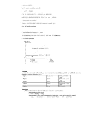 3. Seuil de rentabilité.
Soit x le seuil de rentabilité recherché :
x x 0,1378 = 222 200
d'où

x = 222 200 / 0,1378 = 1 612 481,9 soit 1 612 000

ou 2 070 000 x (222 200 / 285 200) = 1 612 741,9 soit 1 613 000.
4. Date du seuil de rentabilité.
11 mois x (1 613 000 / 2 070 000) = 8,57 mois, soit 8 mois 17 jours.
Date : 17 octobre environ.

5. Nombre d'articles à produire et à vendre.
100 000 articles x (1 613 000 / 2 070 000) = 77 922,7 soit 77 923 articles.
6. Vériϐication graphique.
Coût fixe et
Marge s/CV
!
!
:
!
:
!
Marge s/coût variable y = 0,1378 x
!
:
!
:
!
:
!
:
!___________:_________________ Coût ϐixe y' = 222 200
!
:
SR
0 !_:__________________________________________
!
1 613 000
CA
!
(17/10)
DATE
!
77 923 articles
ARTICLES
!

Exercice
Au cours du mois de juin de l’année N, les mouvements suivants ont été enregistrés sur la fiche de stocks de
la matière première référence MP-A :
01-juin

Stock initial

09-juin

Entrée

17-juin
21-juin

Sortie
Entrée

28-juin

Sortie

4000 unités à 1 dh
l’unité
2 000 unités à 2 dh
l’unité
2 500 unités
3 000 unités à 3 dh
l’unité
4 000 unités

Questions
1. Valoriser les sorties et déterminer le stock ϐinal selon que l’on utilise :
- la méthode PEPS (ou FIFO),
- la méthode DEPS (ou LIFO),
- la méthode du CMUP après chaque entrée (on arrondi à deux chiffres après la virgule).
Brahim

BELGUELSSA

OUARZAZATE LYCEE
99

IBN

ALHAITAM

 
