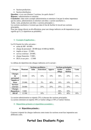 • Section production ;
• Section distribution.
Question : si on veut éliminer 2 sections, les quels choisir ?
Réponse : administration et entretien.
Conclusion : dans notre exemple administration et entretien n’ont pas la même importance
que les autres, administration et entretien sont dites « section auxiliaires ».
Achat, vente, production sont dites « sections principales ».
Les sections auxiliaires n’existent que dans le but de faciliter le travail aux sections
principales.
Pour une charge directe on dit affectation, pour une charge indirecte on dit imputation (ce qui
signifie qu’il y’a répartition au préalable).
1) Exemple d’application :
La CG fournie les infos suivantes :
• achat de MP : 60 000 ;
• charge de personnel : 40 000 dont 10 000 de MOD ;
• impôts et taxes : 25 000 ;
• service extérieur : 20 000 ;
• charge financière : 9 000 ;
• DEA et aux prov. : 12 000
Le tableau de répartition des charges indirectes est le suivant :
Charges Montant
Sections auxiliaires Sections principales
Adm Entretient Approv Atelier
sillage
Atelier
finition
Vente
Charges
de
personnel
30.000 10% 10% 10% 30% 25% 15%
Impôts et
taxes 25.000 5% 5% 40% 10% 10% 30%
Services
externes 20.000 25% 25% 25% 25%
Charges
financières 9.000 50% 50%
DEAP 12.500 10% 40% 40% 10%
La section administration se répartie 25% à chacune des sections principales.
La section entretient est repartie 50% à l’atelier sillage et 50% à l’atelier finition.
2) Répartition primaire et répartition secondaire :
a) Répartition primaire :
Consiste à répartir les charges indirectes entre toutes les sections avant leur imputation aux
différents coûts.
Portail Des Etudiants Fsjes 10
 