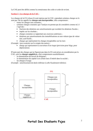 La CAE peut être défini comme la connaissance des coûts et coûts de revient.
Section 2 : Les charges de la CAE :
Les charges de la CG (classe 6) sont reprises par la CAE, cependant certaines charges ne le
sont pas. On les appelle les charges non incorporables, elles comprennent :
- toutes les charges non courantes ;
- certaines charges courantes que l’analyse ne permet pas de considérés comme tel, il
s’agit des :
• fractions des dotations aux amortissements qui excédent les dotations fiscales ;
• impôts sur les résultats ;
• charges courantes se rapportant aux exercices antérieurs ;
• dotations aux amortissements des immobilisations en non valeurs (pas de valeur
réel, actif fictif) ;
• charges qui représentent les charges récupérables sur les tiers
(Exemple : taxe avancées sur le compte des autres) ;
• charge qui représentent la couverture d’un risque (provision pour litige, pour
dépréciation).
D’autre part des charges qui ne figurent pas dans la CG sont prises en considération par la
CAE, sont les charges supplétives, elles comprennent essentiellement :
- la rémunération du travail du dirigeant ;
- la rémunération du capital à un certain taux d’intérêt dans la société ;
- les charges d’usage
(Exemple : amortissement de durée inférieur à celle fiscalement tolérées).
CG
CAE
Portail Des Etudiants Fsjes
Charges non
incorporables
Charges
incorporables
Charges
incorporables
Charges
supplétives
2
 