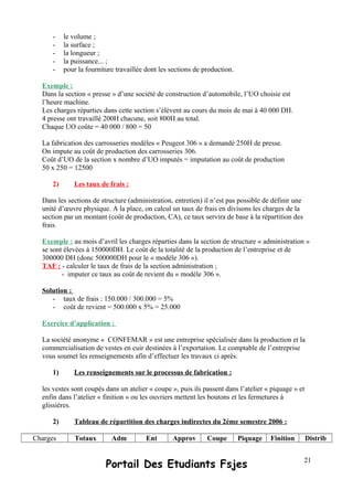 - le volume ;
- la surface ;
- la longueur ;
- la puissance... ;
- pour la fourniture travaillée dont les sections de production.
Exemple :
Dans la section « presse » d’une société de construction d’automobile, l’UO choisie est
l’heure machine.
Les charges réparties dans cette section s’élèvent au cours du mois de mai à 40 000 DH.
4 presse ont travaillé 200H chacune, soit 800H au total.
Chaque UO coûte = 40 000 / 800 = 50
La fabrication des carrosseries modèles « Peugeot 306 » a demandé 250H de presse.
On impute au coût de production des carrosseries 306.
Coût d’UO de la section x nombre d’UO imputés = imputation au coût de production
50 x 250 = 12500
2) Les taux de frais :
Dans les sections de structure (administration, entretien) il n’est pas possible de définir une
unité d’œuvre physique. A la place, on calcul un taux de frais en divisons les charges de la
section par un montant (coût de production, CA), ce taux servira de base à la répartition des
frais.
Exemple : au mois d’avril les charges réparties dans la section de structure « administration »
se sont élevées à 150000DH. Le coût de la totalité de la production de l’entreprise et de
300000 DH (donc 500000DH pour le « modèle 306 »).
TAF : - calculer le taux de frais de la section administration ;
- imputer ce taux au coût de revient du « modèle 306 ».
Solution :
- taux de frais : 150.000 / 300.000 = 5%
- coût de revient = 500.000 x 5% = 25.000
Exercice d’application :
La société anonyme « CONFEMAR » est une entreprise spécialisée dans la production et la
commercialisation de vestes en cuir destinées à l’exportation. Le comptable de l’entreprise
vous soumet les renseignements afin d’effectuer les travaux ci après.
1) Les renseignements sur le processus de fabrication :
les vestes sont coupés dans un atelier « coupe », puis ils passent dans l’atelier « piquage » et
enfin dans l’atelier « finition » ou les ouvriers mettent les boutons et les fermetures à
glissières.
2) Tableau de répartition des charges indirectes du 2éme semestre 2006 :
Charges Totaux Adm Ent Approv Coupe Piquage Finition Distrib
Portail Des Etudiants Fsjes 21
 